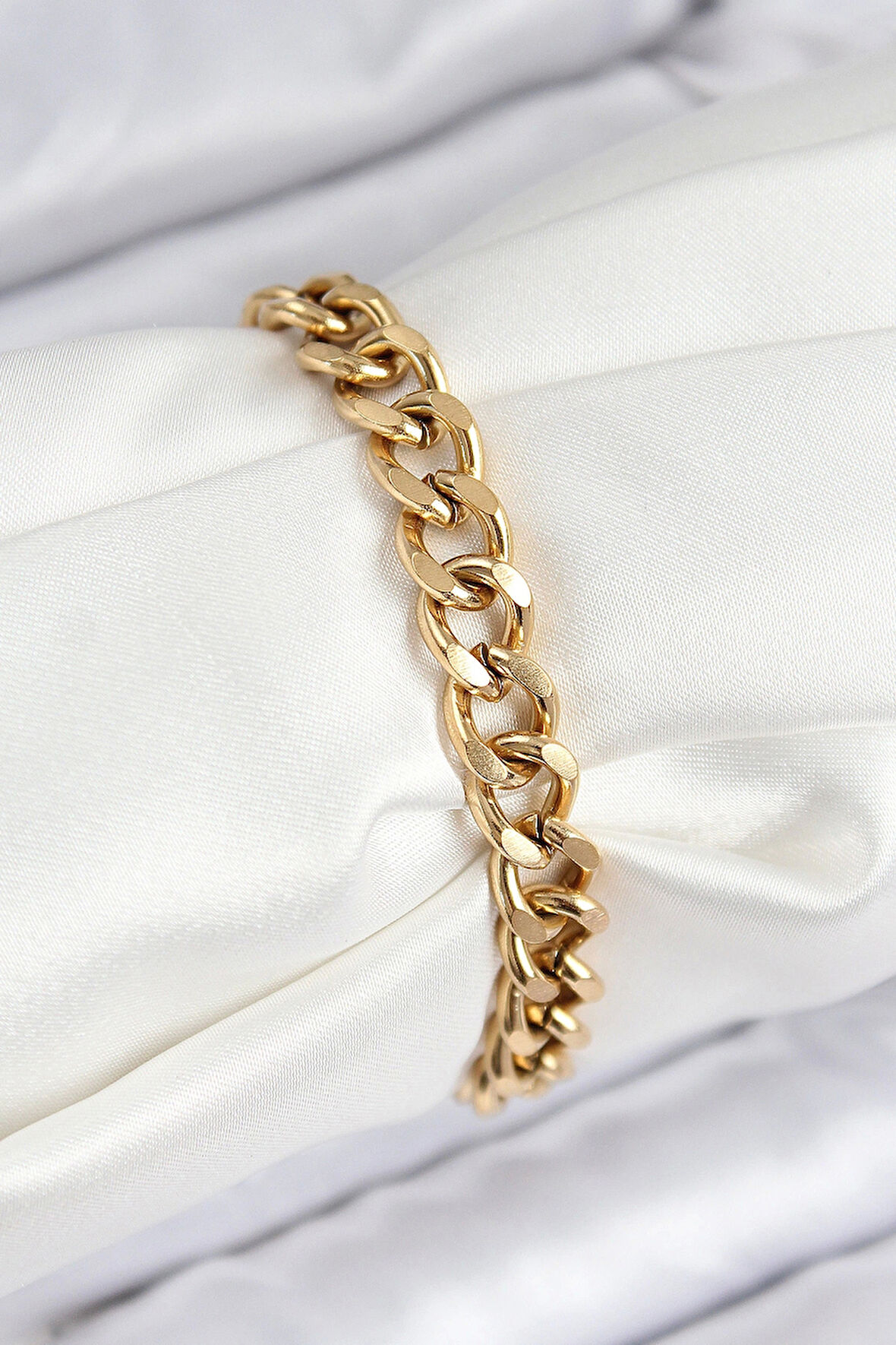 316L Çelik Klasik Kalın Zincir Model Gold Renk Kadın Bileklik