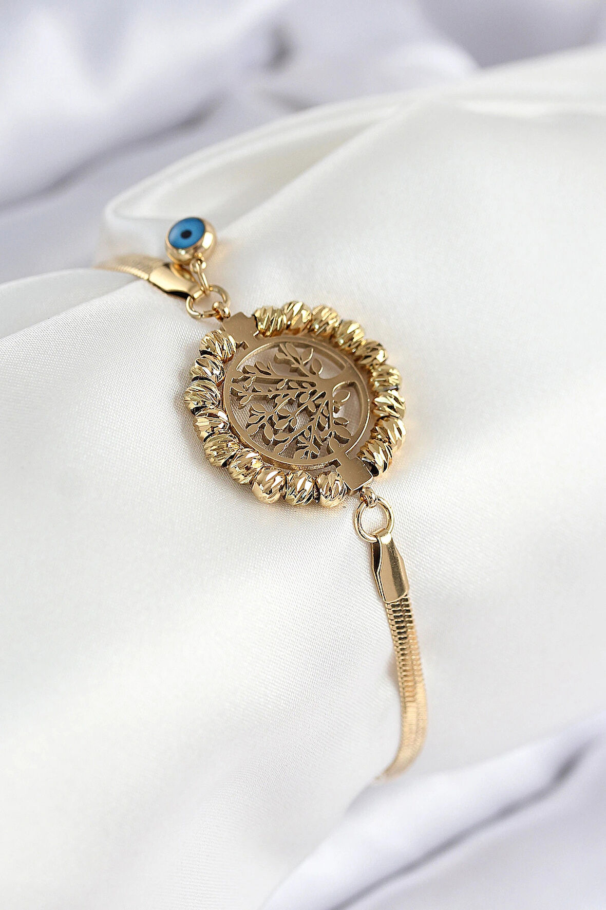 316L Çelik Nazar Boncuk Detaylı Hayat Ağacı Model İtalyan Zincir Gold Renk Kadın Bileklik