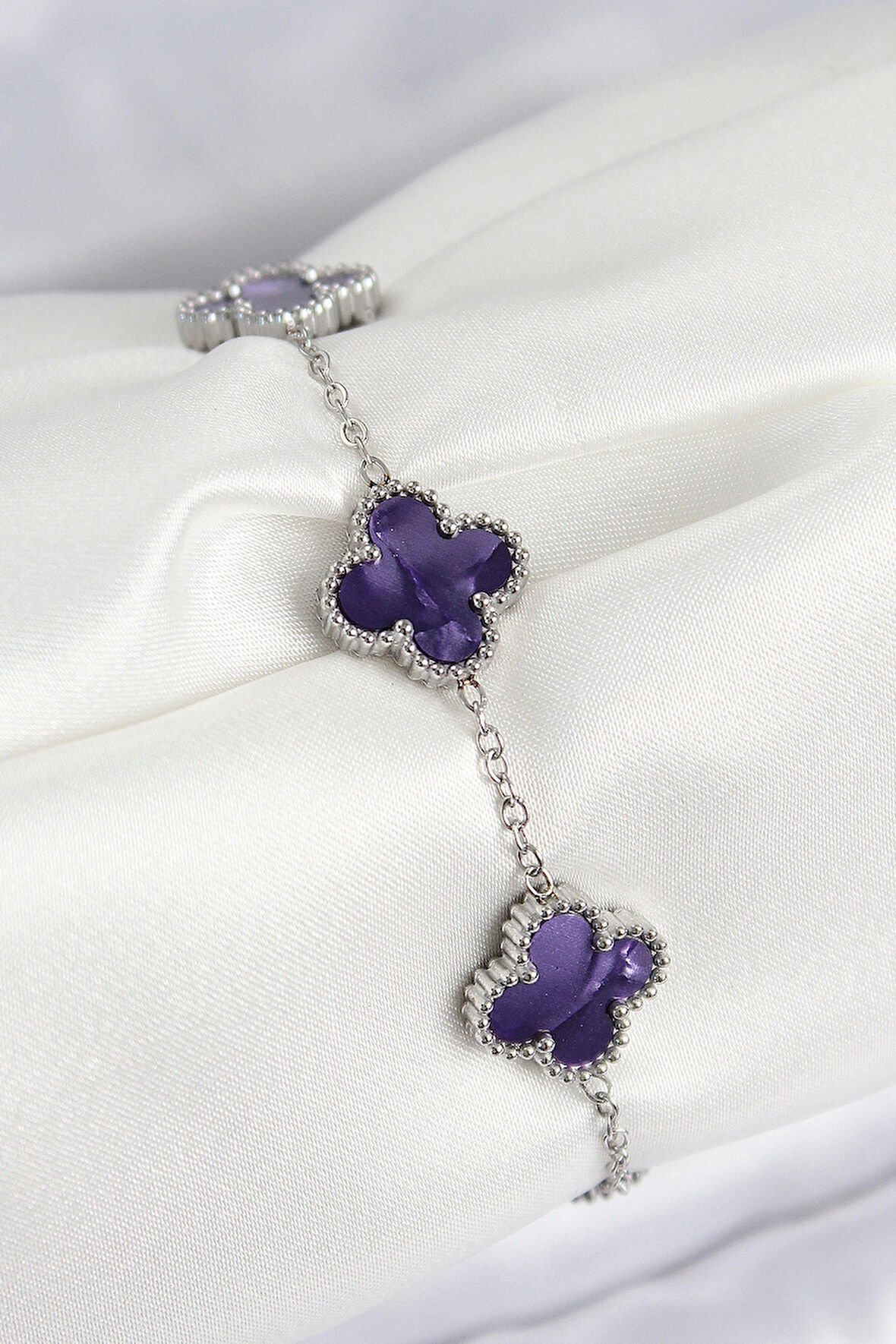 316L Çelik Sedefli Mor Gümüş Renk Yonca Kadın Bileklik