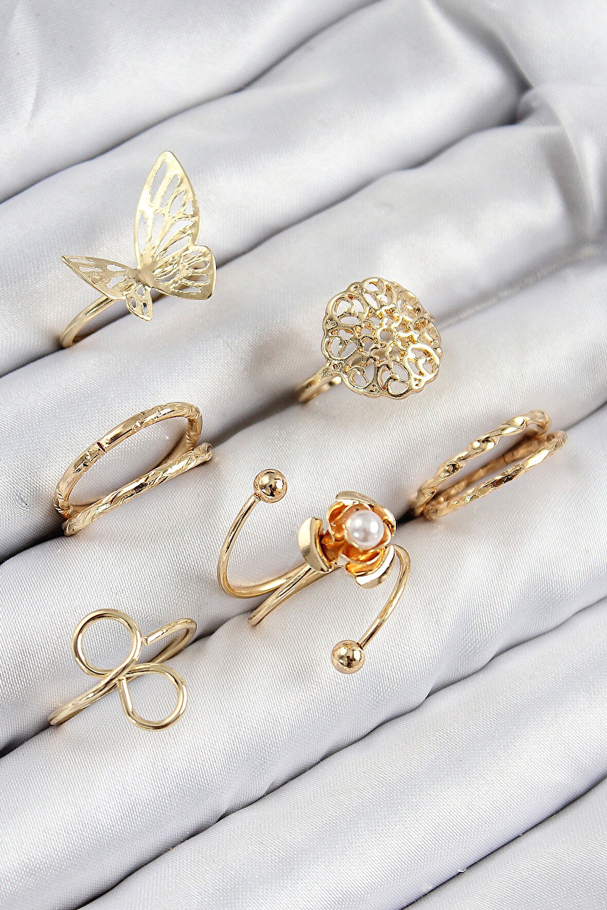 Pirinç Gül Kelebek Model Gümüş Renk Kadın Yüzük Kombin Set