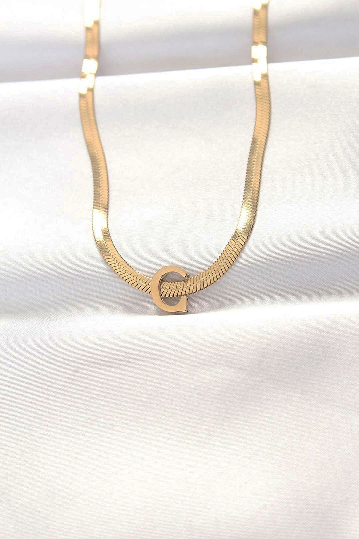 316L Çelik C Harfli Gold Renk İtalyan Zincirli Kolye