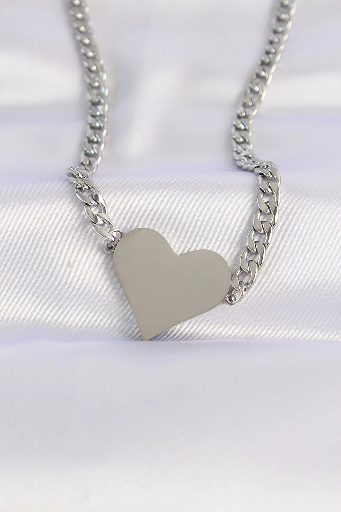 316L Çelik Zincir Gümüş Renk Düz Plaka Kalp Kolye