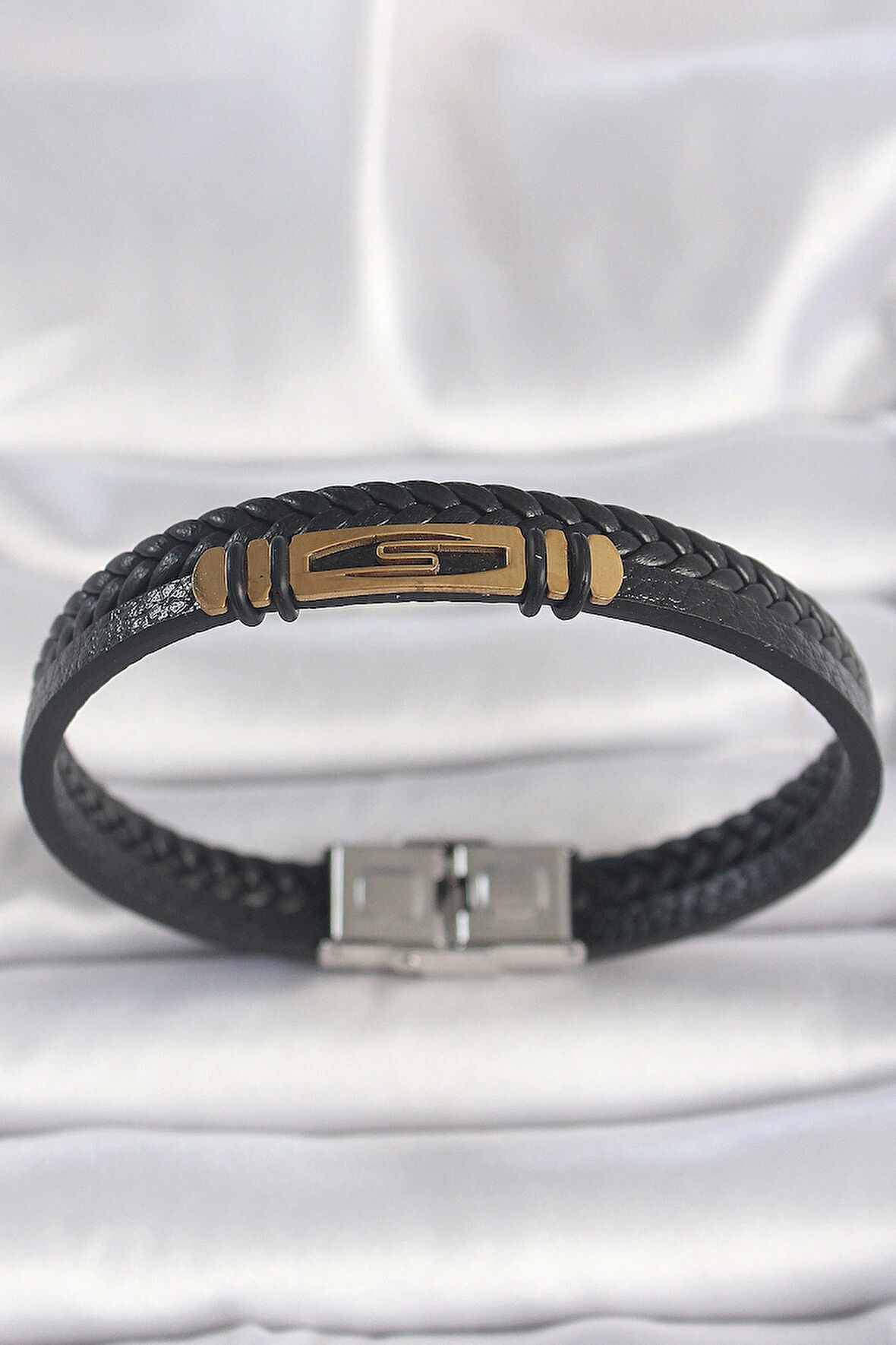 316L Çelik Gold Renk Aksesuarlı Çift Sıra Siyah Burgu Desenli Deri Kordon Erkek Bileklik