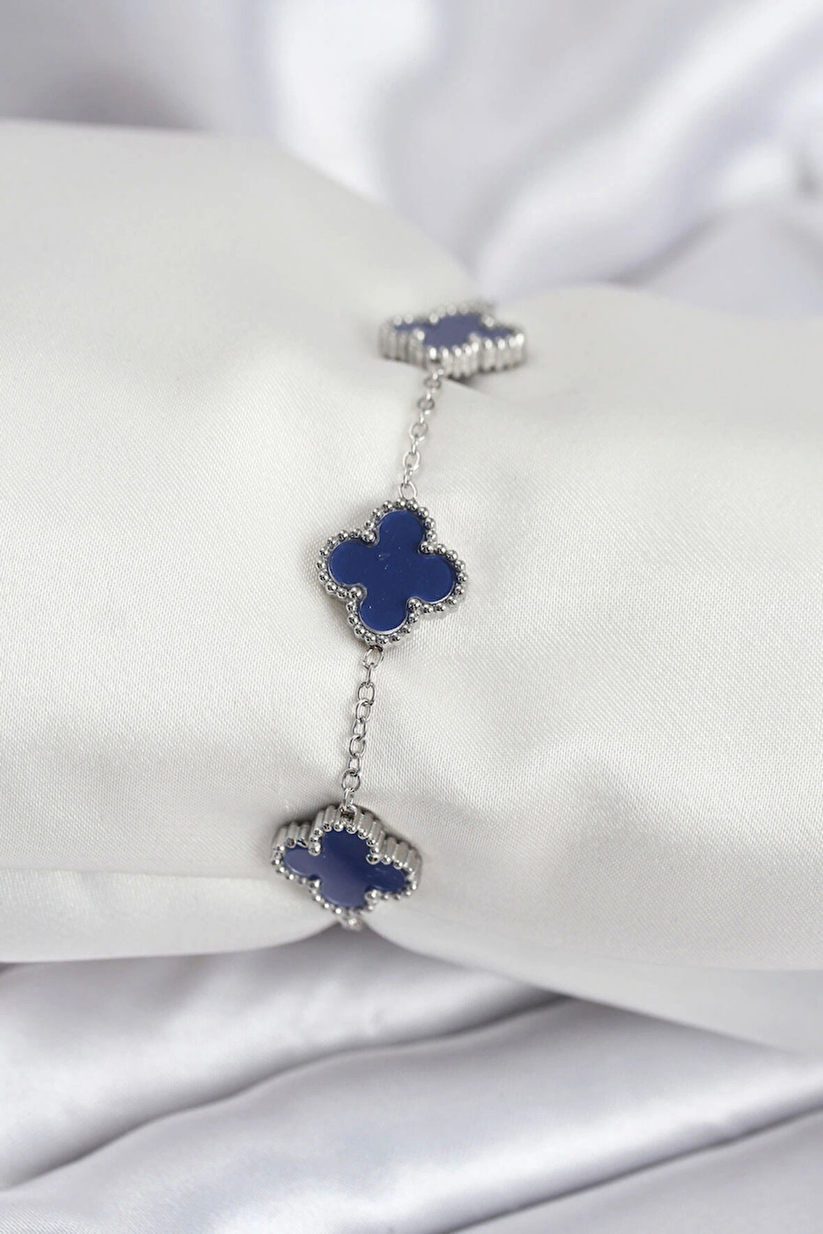 316L Çelik Zincir Gümüş Renk Lacivert Yonca Kadın Bileklik