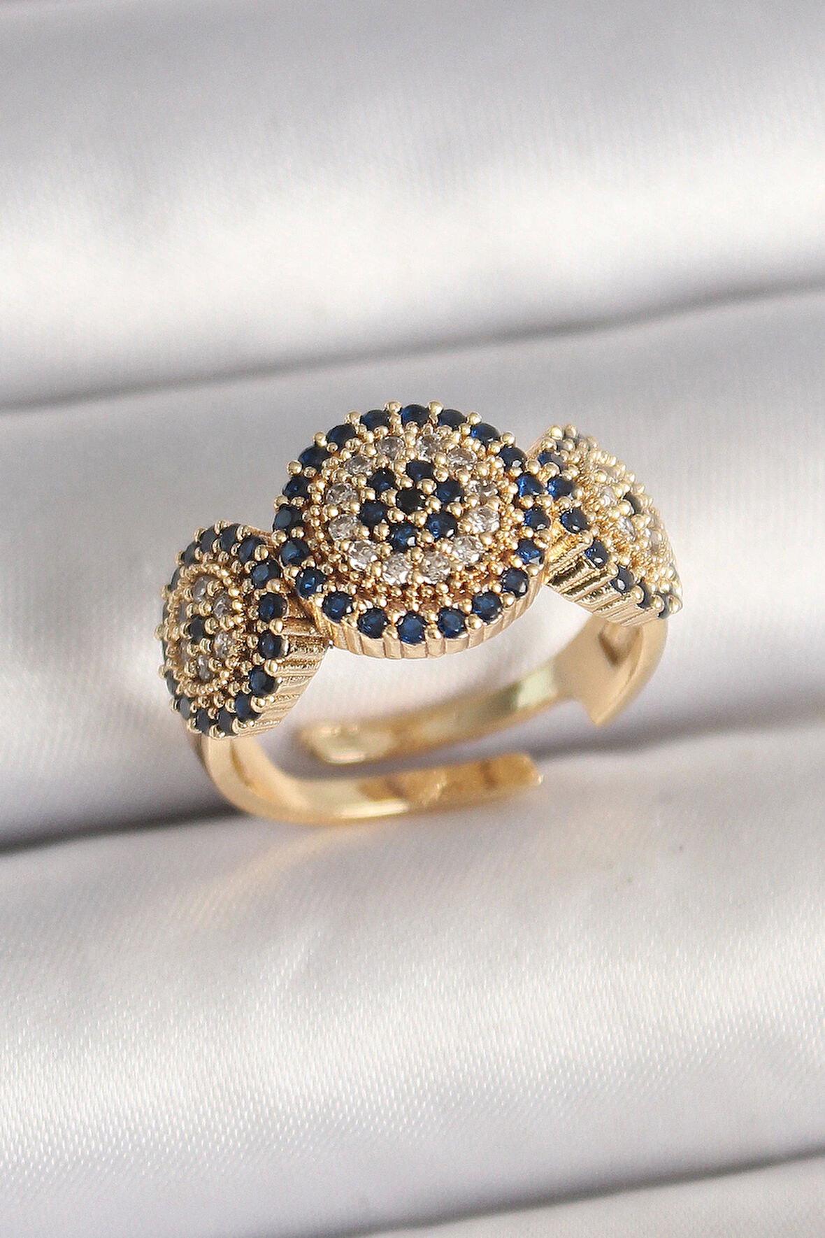 Pirinç Gold Renk Zirkon Taşlı Nazar Boncuk Model Ayarlanabilir Model Kadın Yüzük