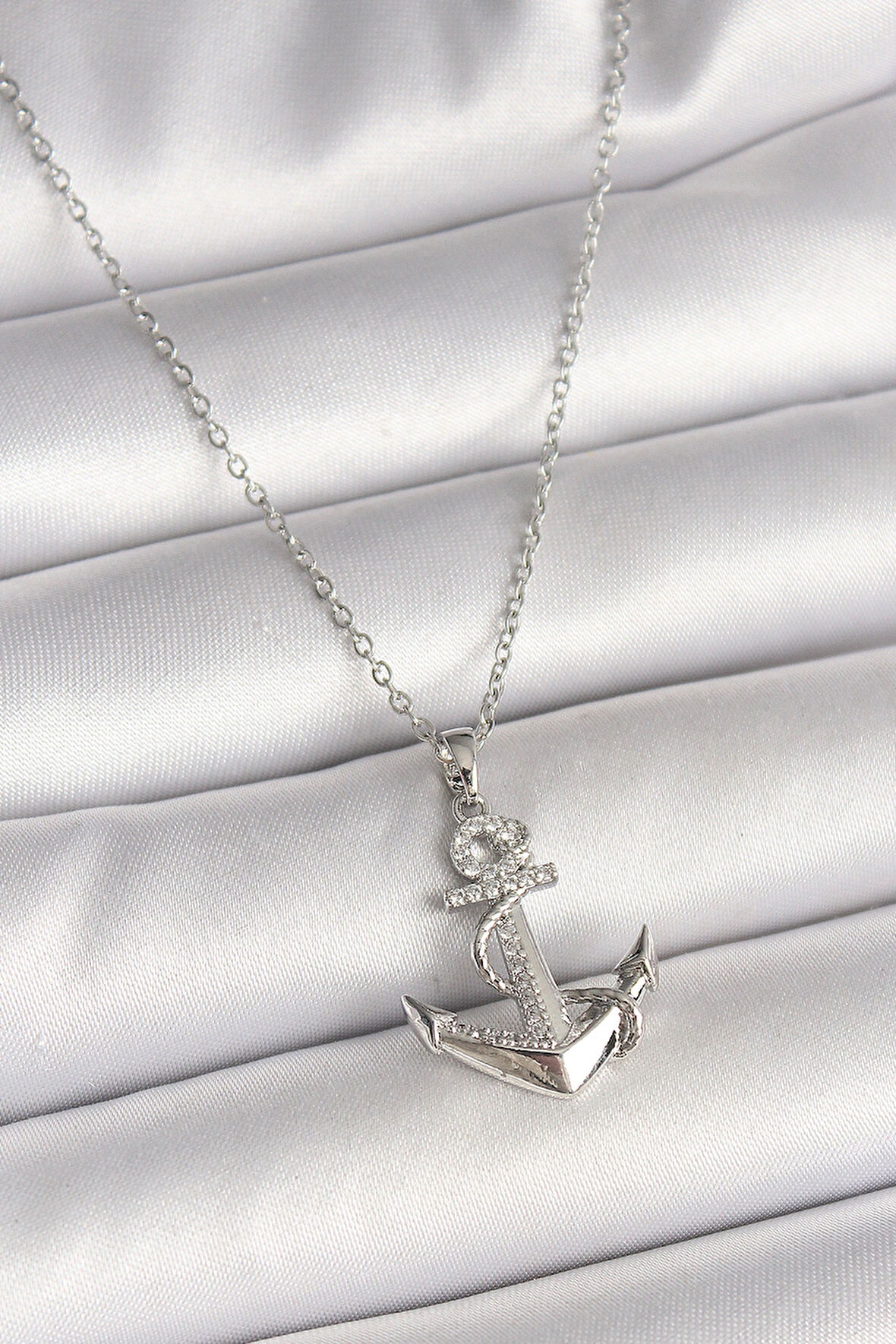 316L Çelik Gümüş Renk Zincir Zirkon Taş Detaylı Çapa Model Kadın Kolye