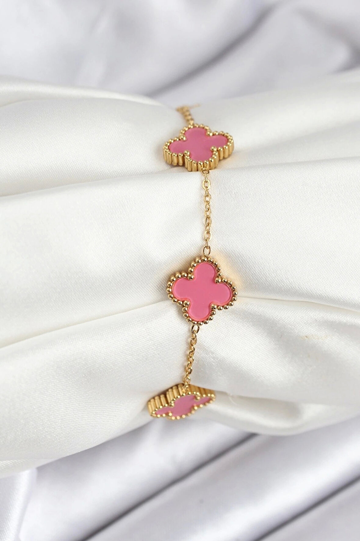 316L Çelik Gold Zincir Pembe Yonca Renk Bileklik