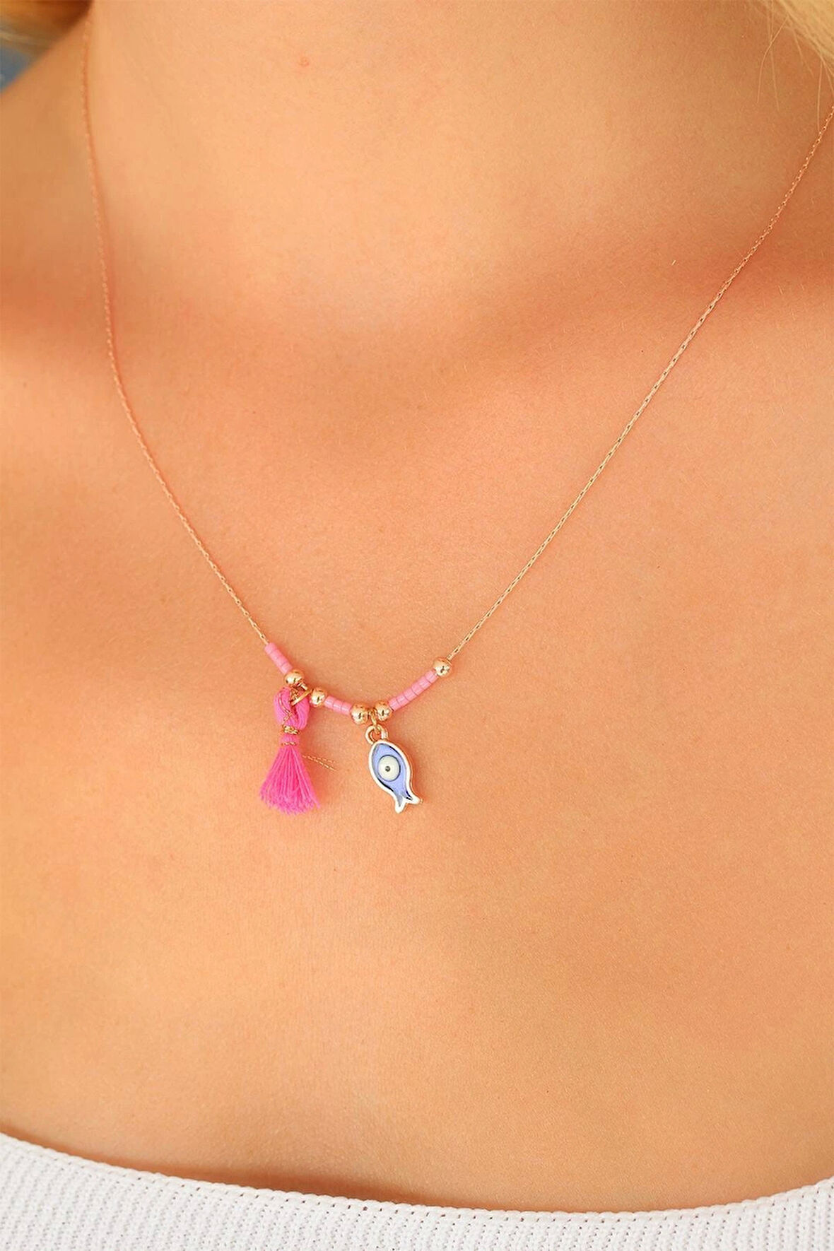 Nazar Boncuklu Pembe Renk Taşlı Rose Kadın Kolye