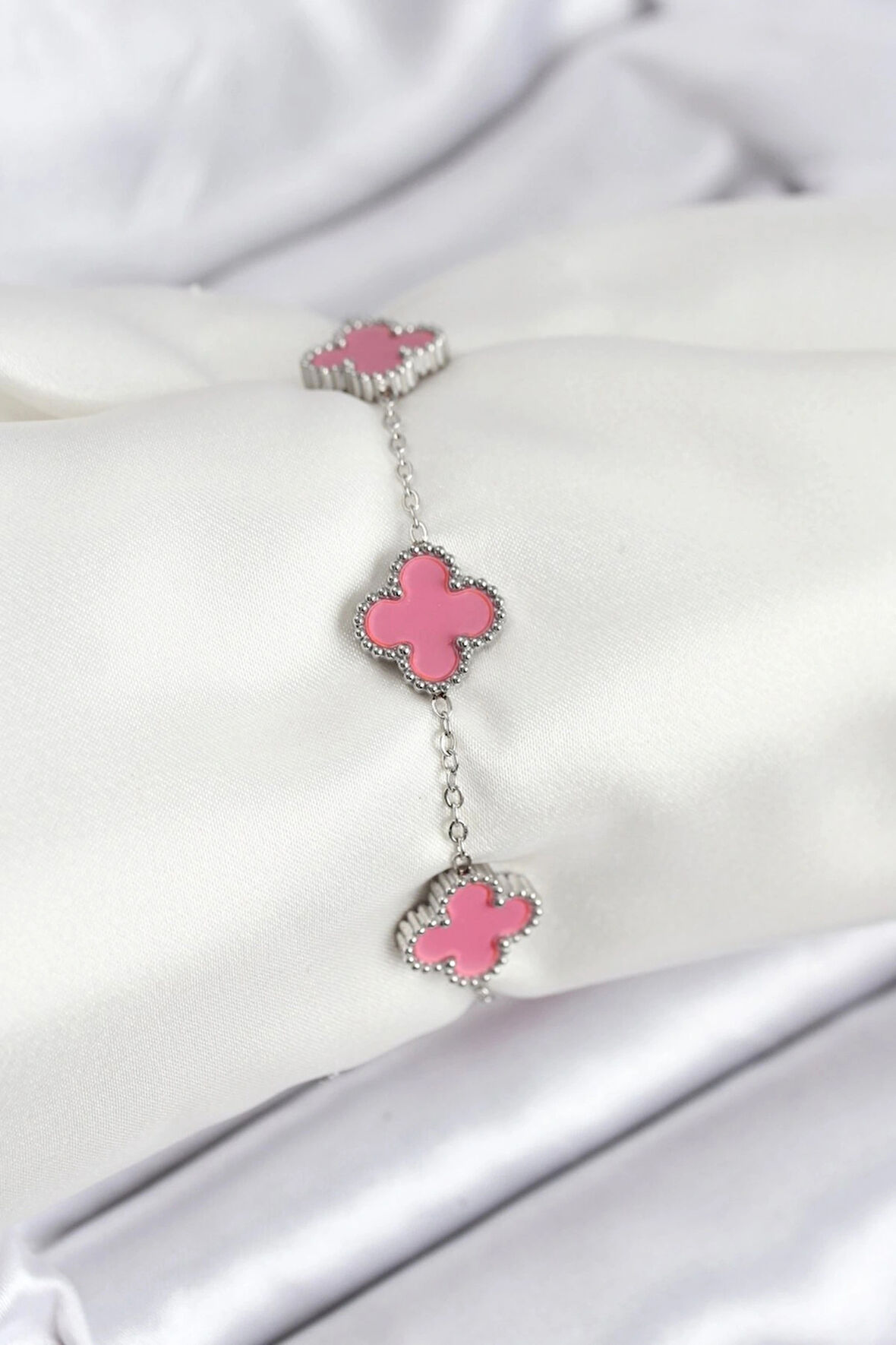 316L Çelik Gümüş Zincir Pembe Renk Yonca Bileklik