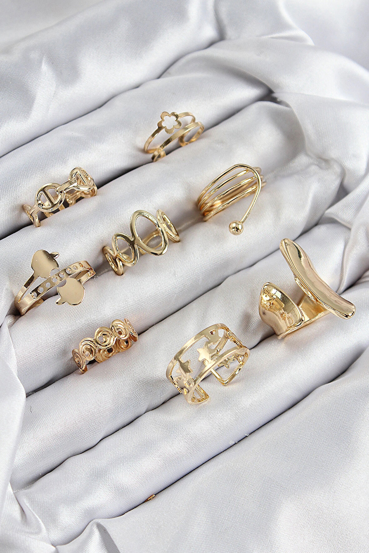 Pirinç Sarmal Ve Yıldız Model Gold Renk Kadın Yüzük Kombin Set