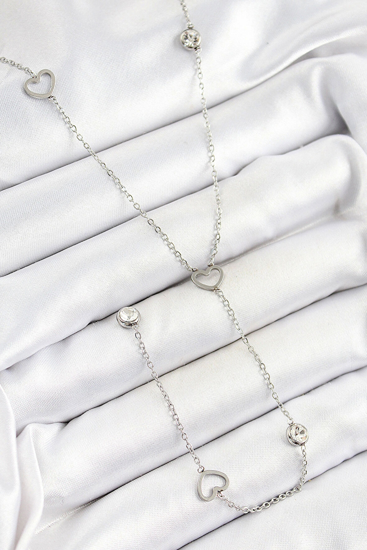 316L Çelik Zirkon Taşlı Kalp Figürlü Y Model Gümüş Renk Kadın Kolye