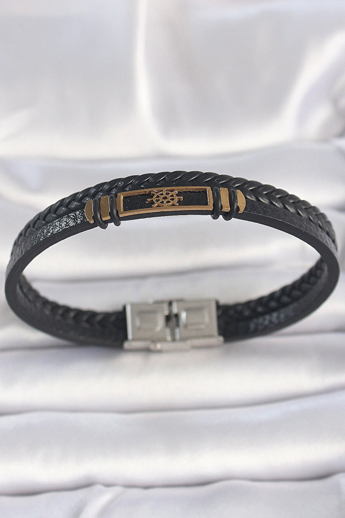 316L Çelik Gold Renk Gemi Dümeni Aksesuarlı Çift Sıra Burgu Desenli Deri Kordon Erkek Bileklik