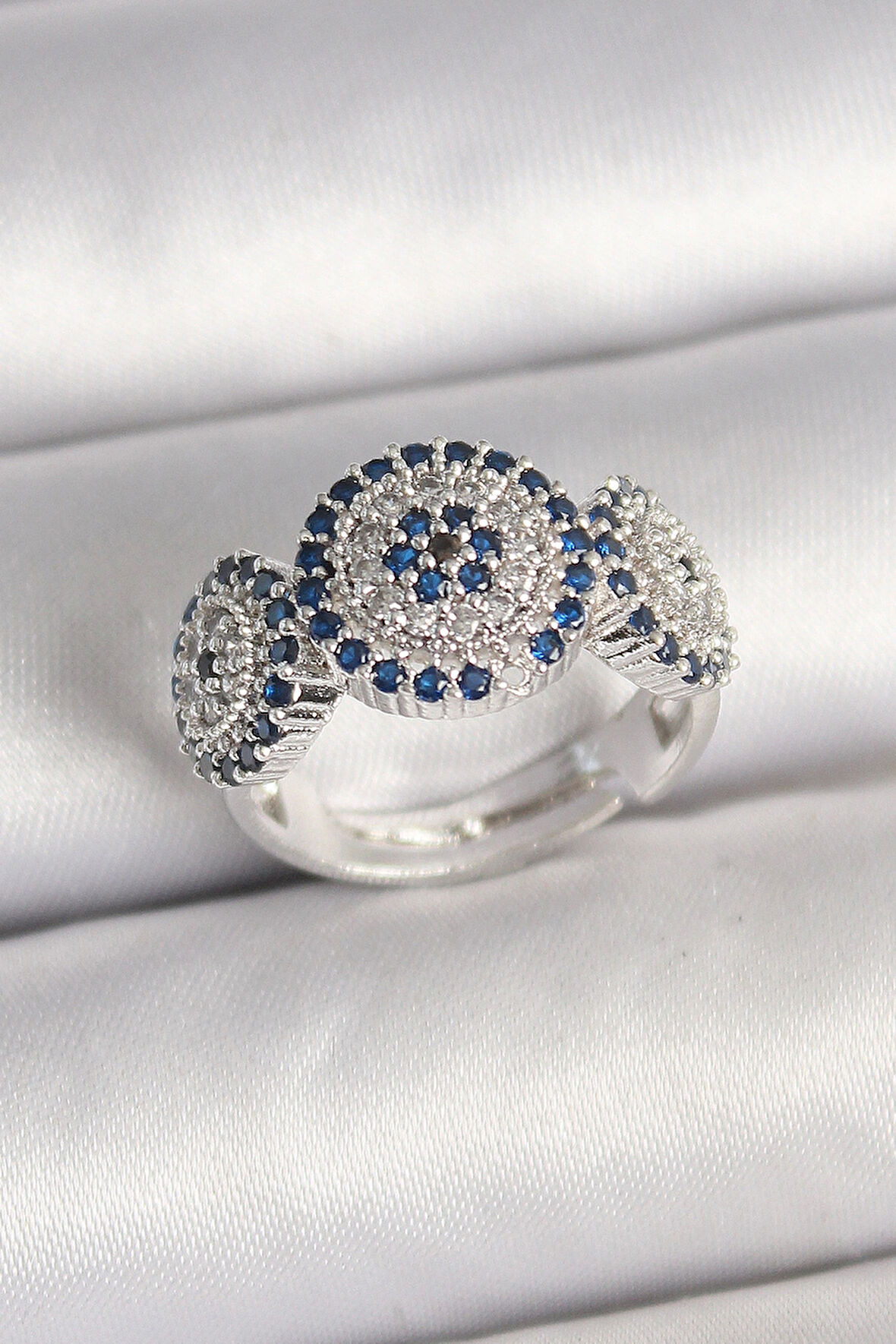 Pirinç Gümüş Renk Zirkon Taşlı Nazar Boncuk Model Ayarlanabilir Kadın Yüzük