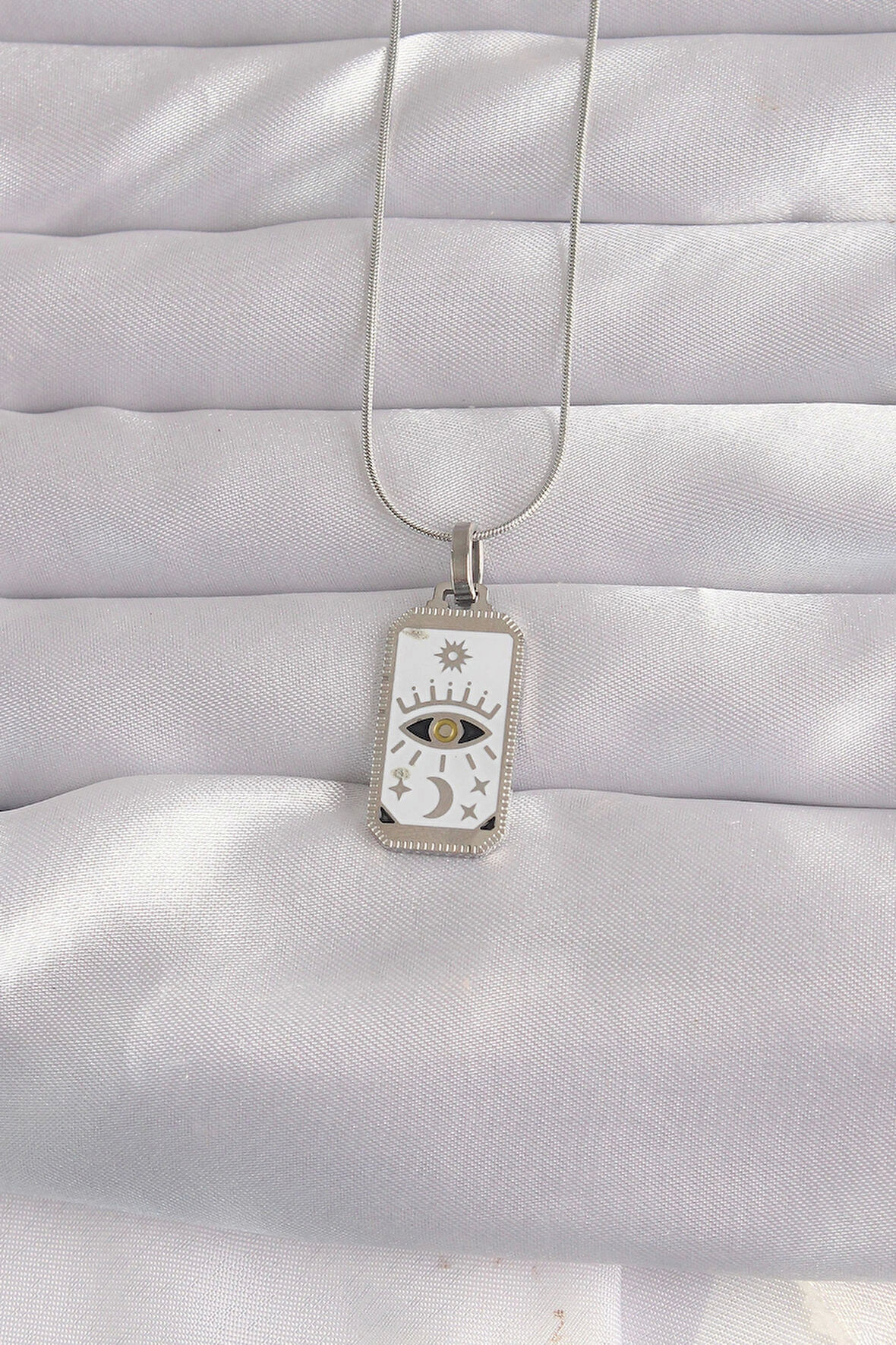 316L Çelik Gümüş Renk Beyaz Mineli Göz Figür Tarot Kolye