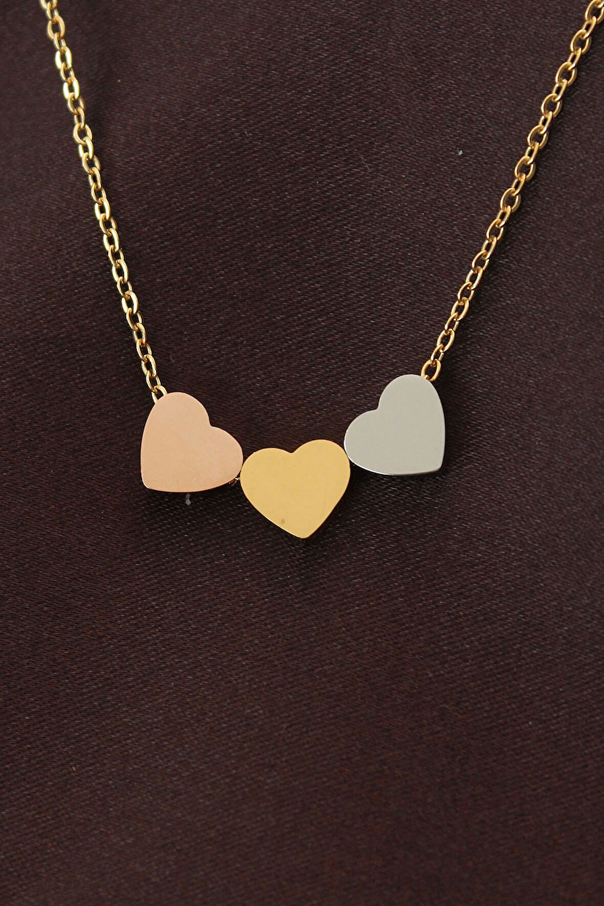 Çelik 3 Renkli Minimal 3lü Kalp Kolye