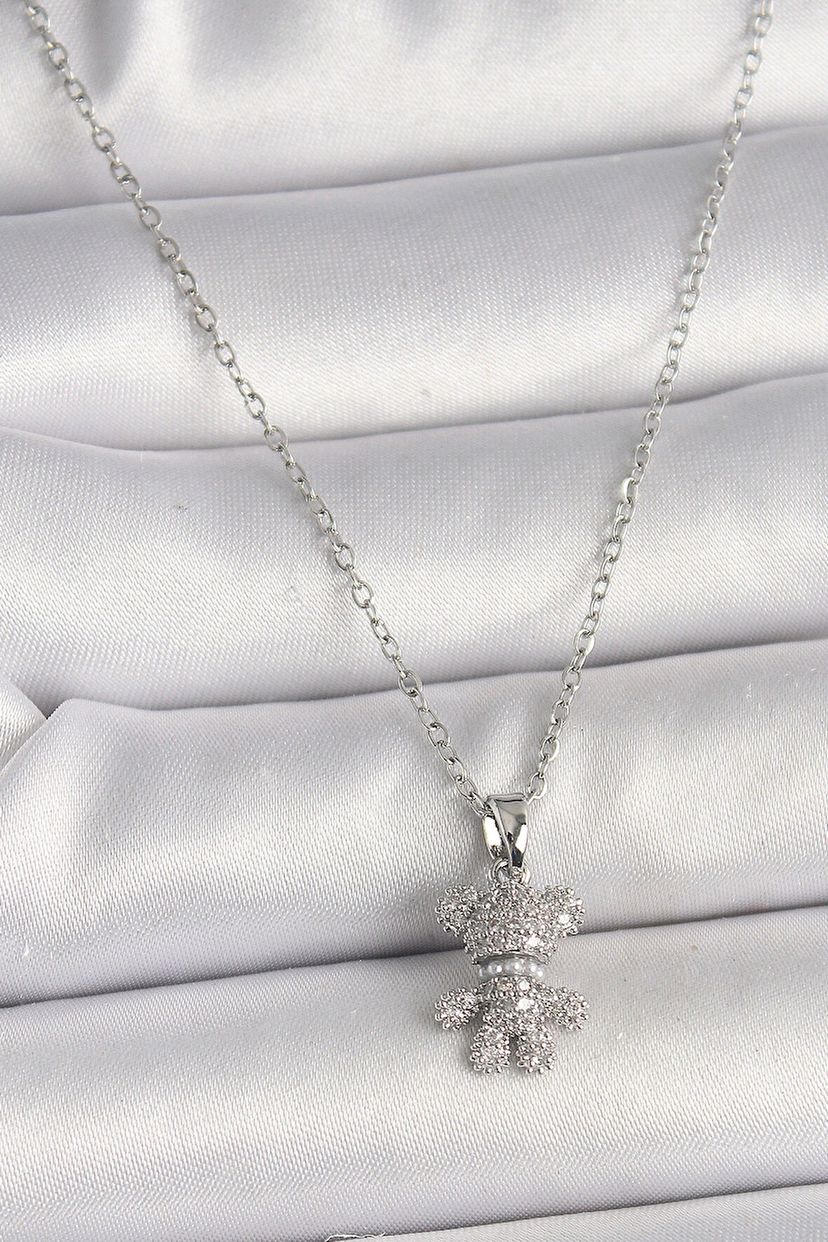 316L Çelik Gümüş Renk Zincir Zirkon Taşlı Ayıcık Figür Kadın Kolye