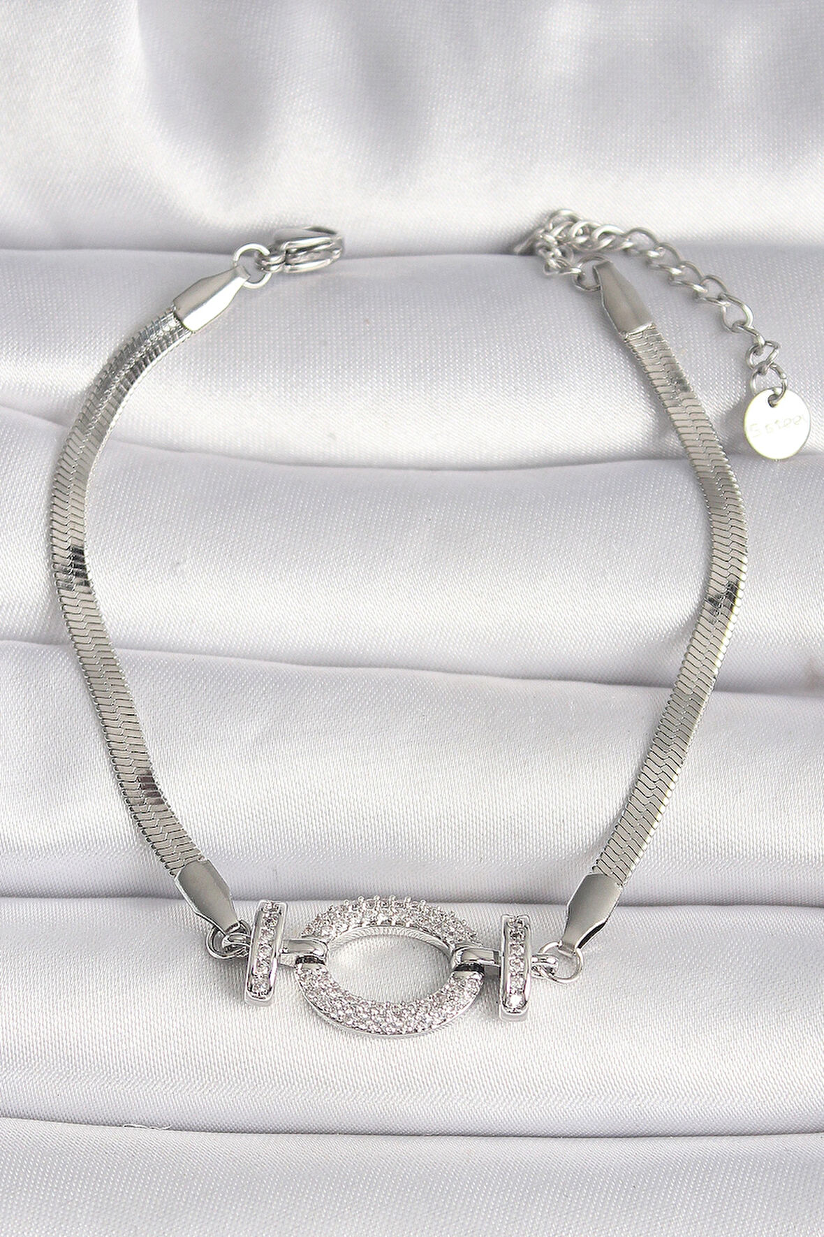 316L Çelik Gümüş Renk İtalyan Zincir Model Zirkon Taşlı Halka Figür Kadın Bileklik