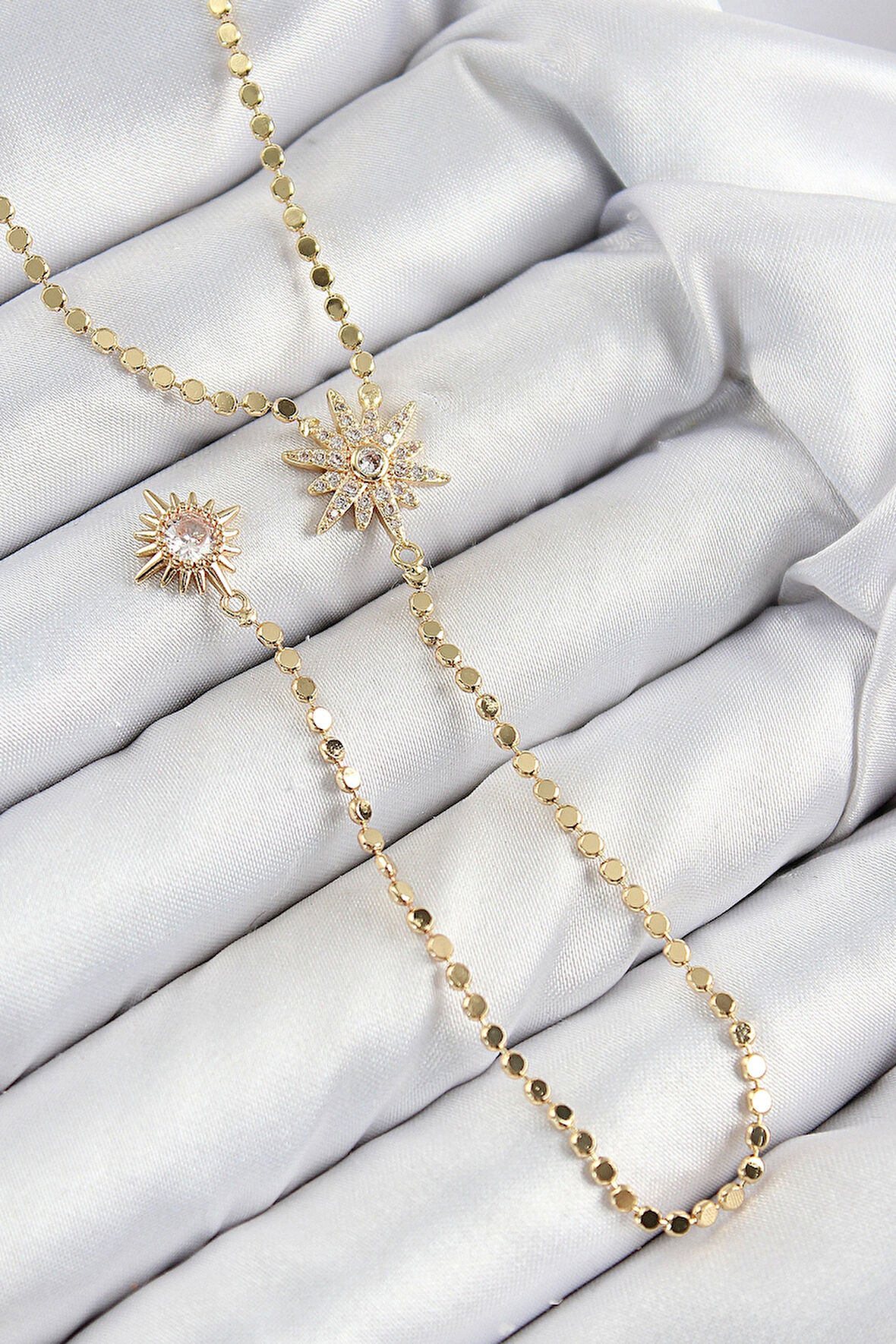 Pirinç Zirkon Taşlı Ezme Zincirli Kutup Yıldızı Model Gold Renk Y Kolye