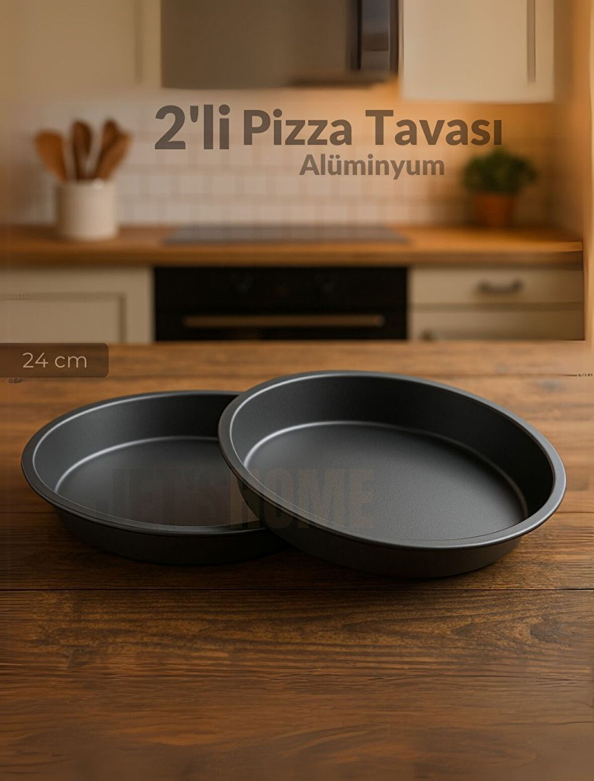 2'li Pizza Tavası Seti Alüminyum Pizza Tepsisi Yapışmaz Lahmacun Pide Tavası 24 Cm