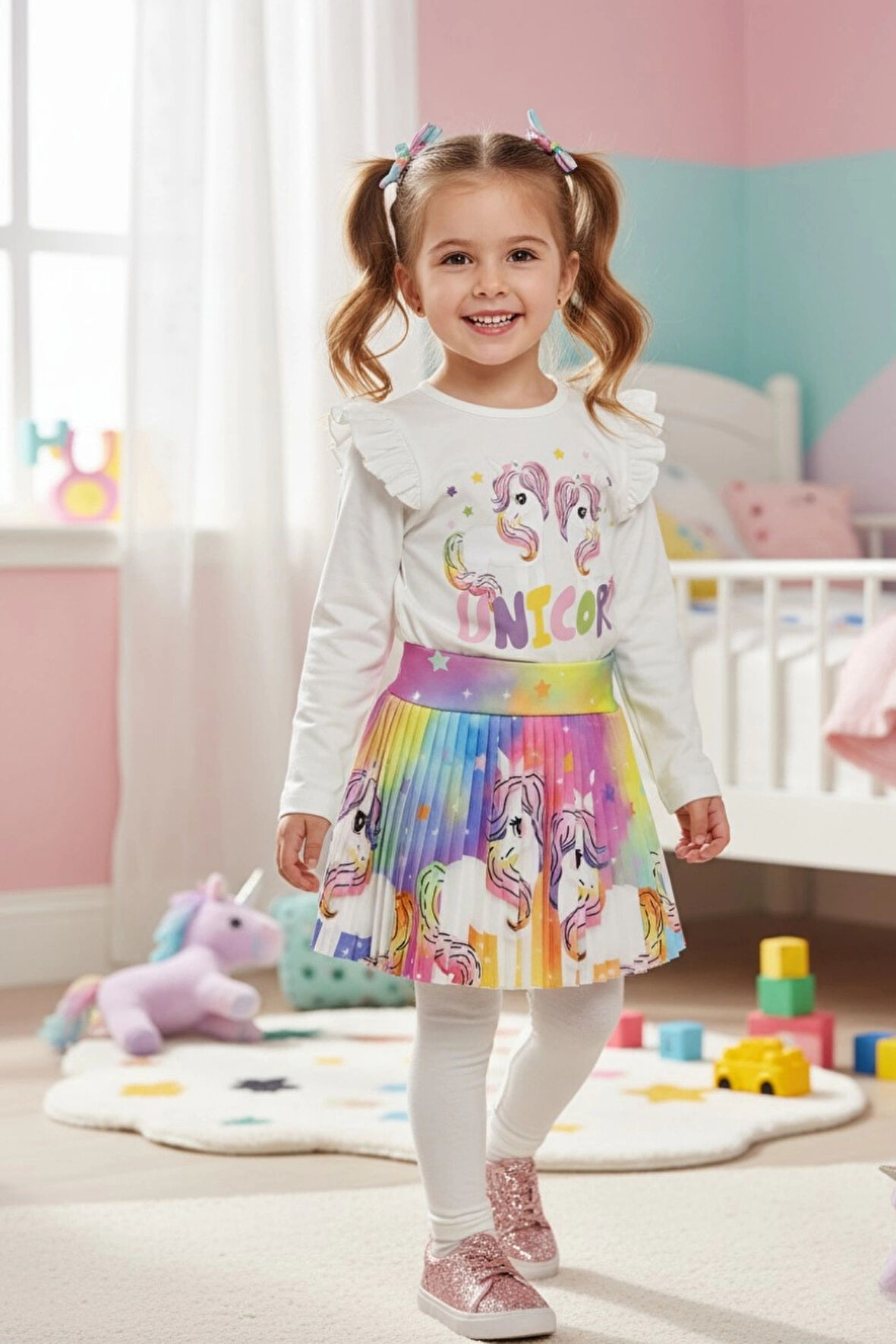 Unicorn Desenli Renkli Kız Çocuk Etekli Takım