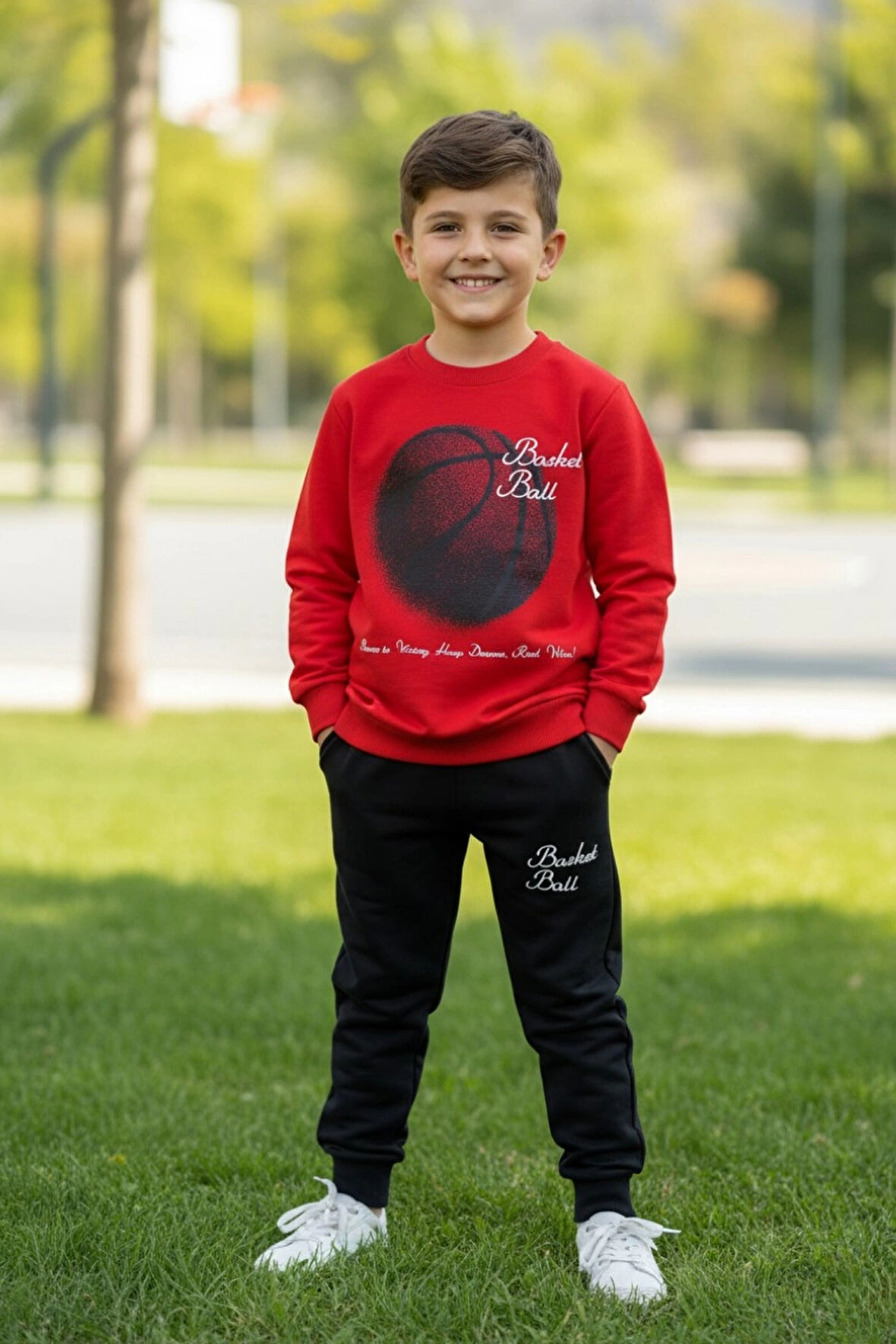 Basketball Yazı Desenli Kırmızı Renk Erkek Çocuk Eşofman Takımı