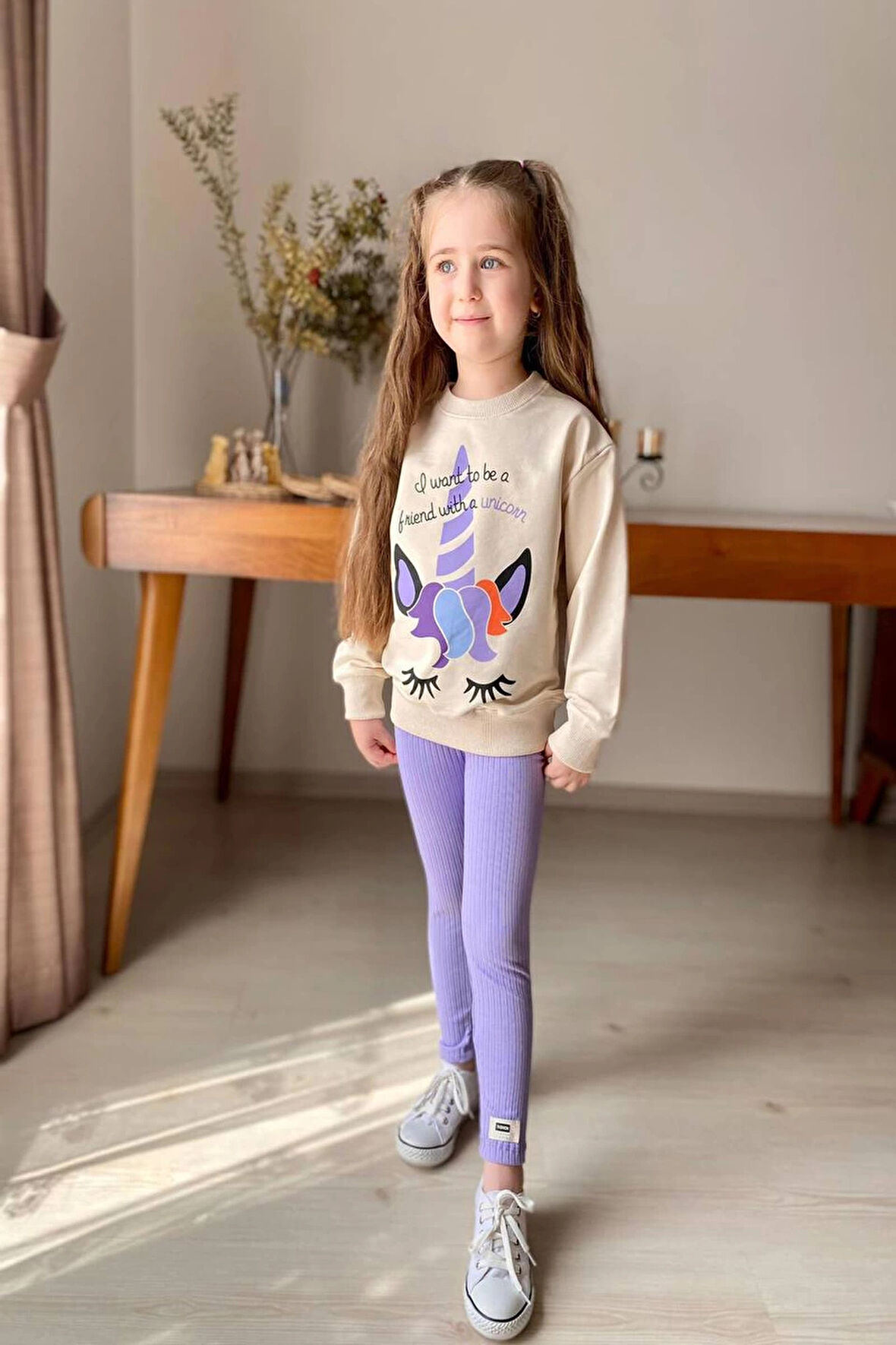 Unicorn Desenli Kız Çocuk Lila Renk Taytlı Takım