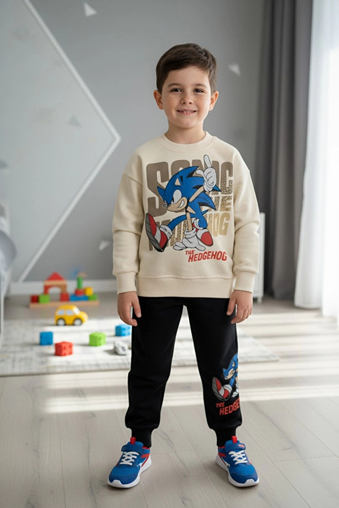 Sonic Desenli Krem Renk Erkek Çocuk Eşofman Takım