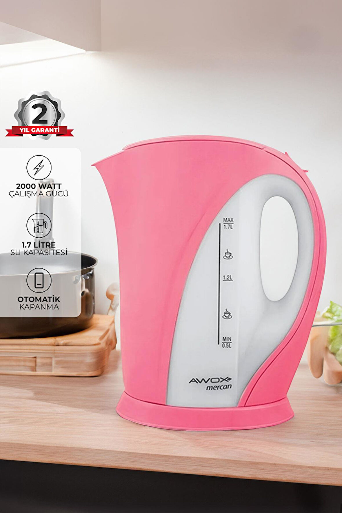 AWOX Mercan Kettle Pembe, Mercan Kettle 1,7 Litre Su Isıtıcısı 2000 W