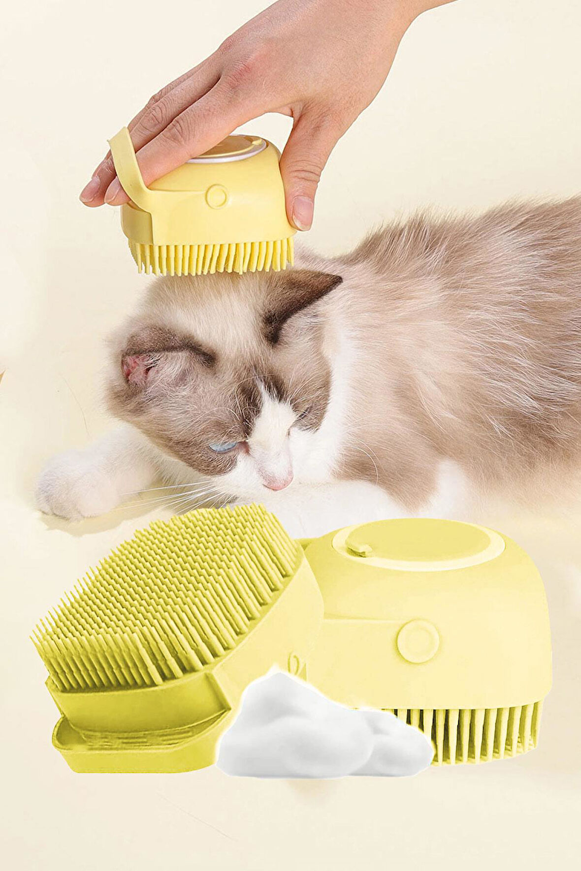 Şampuan Hazneli Kedi Ve Köpek Evcil Hayvan Yıkama Fırçası Silikon Sarı