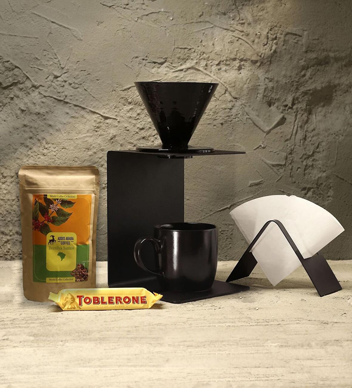 V60 Drıpper & Metal Drıpper Standı & Metal Kağıt Tutucu & Filtre Kahve & Kupa Bardak & Toblerone Çikolata Hediye Seti