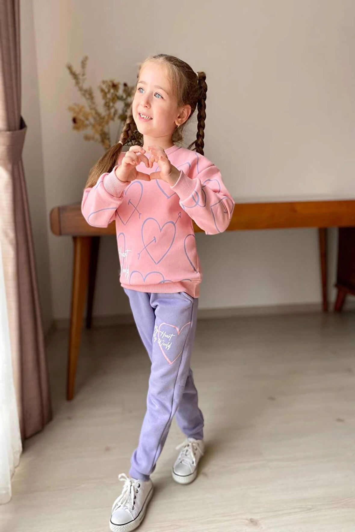 Kalp Desenli Pembe Renk 3 İplik Kız Çocuk Takım