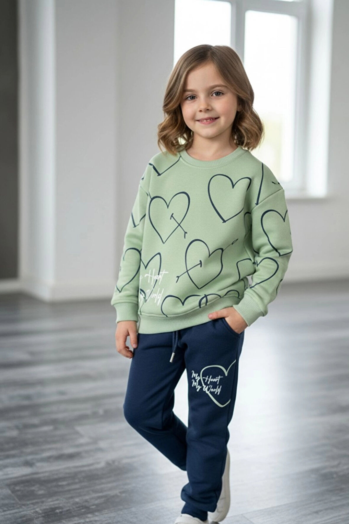 Kalp Desenli Yeşil Renk 3 İplik Kız Çocuk Takım