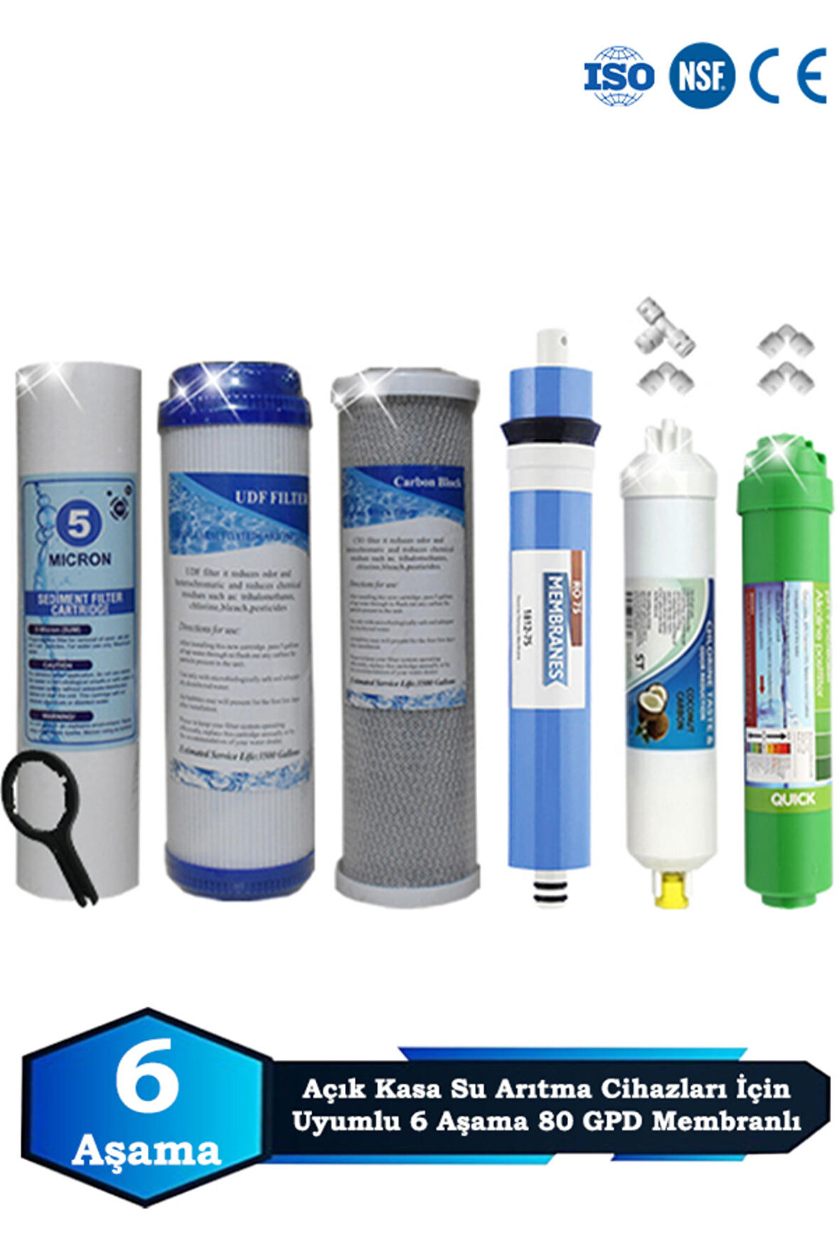 Açık Kasa Su Arıtma Cihazı Uyumlu 6 Aşama Cift Karbonlu 80 GPD Membranlı Alkalinli Filtre Bakım Seti