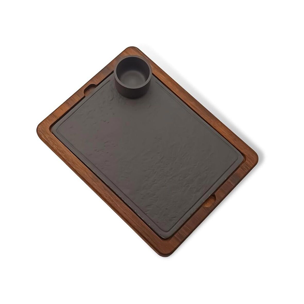 Glaze Mud Ahşap Altlıklı Tek Sosluklu Büyük Porselen Sunum Tabağı Set