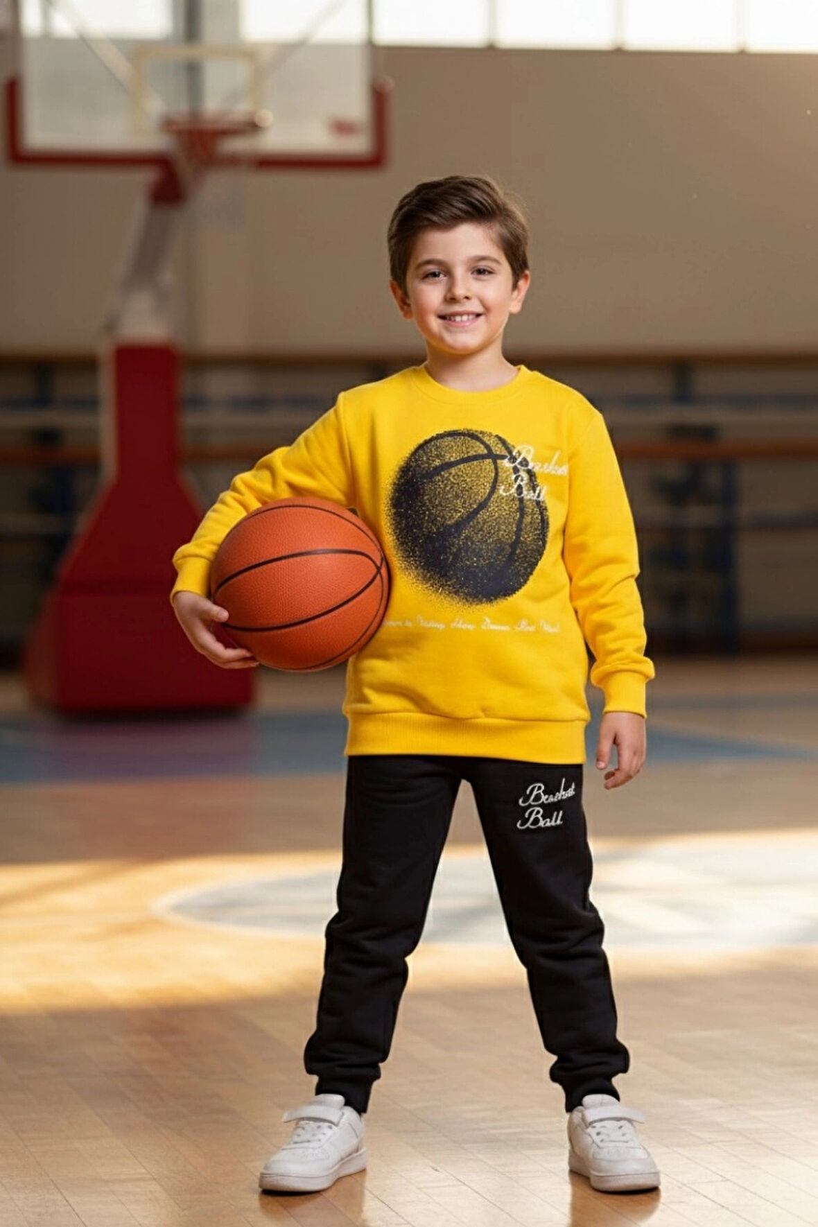 Basketball Yazı Desenli Sarı Renk Erkek Çocuk Eşofman Takımı