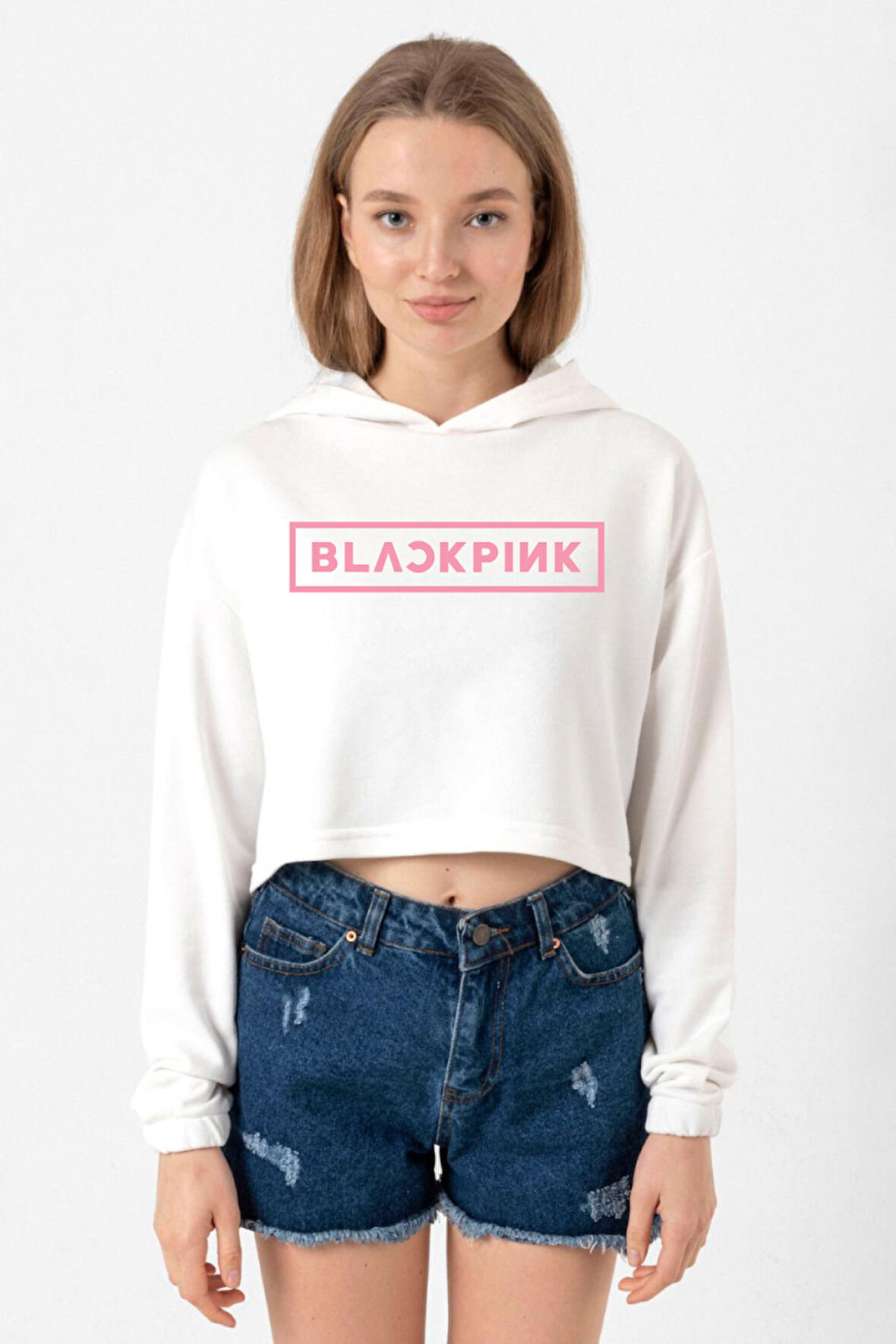 Blackpink Ekru Kadın Crop Kapşonlu