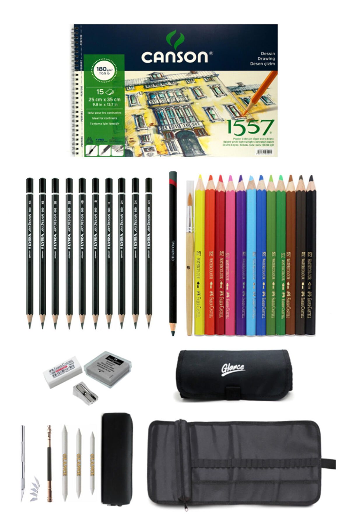 Canson Resim Defteri 25x35cm180 Gr 15 Yaprak Faber-castell Grip Boya Kalemi Çantalı Çizim Eskiz Seti
