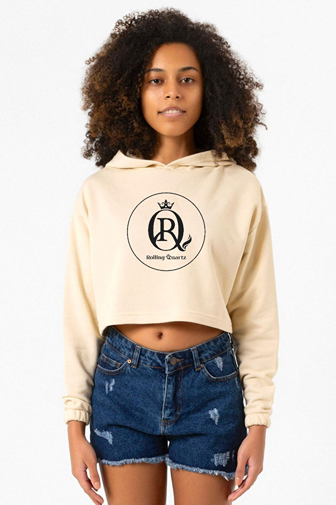 Rolling Quartz Logo Bej Kadın Crop Kapşonlu