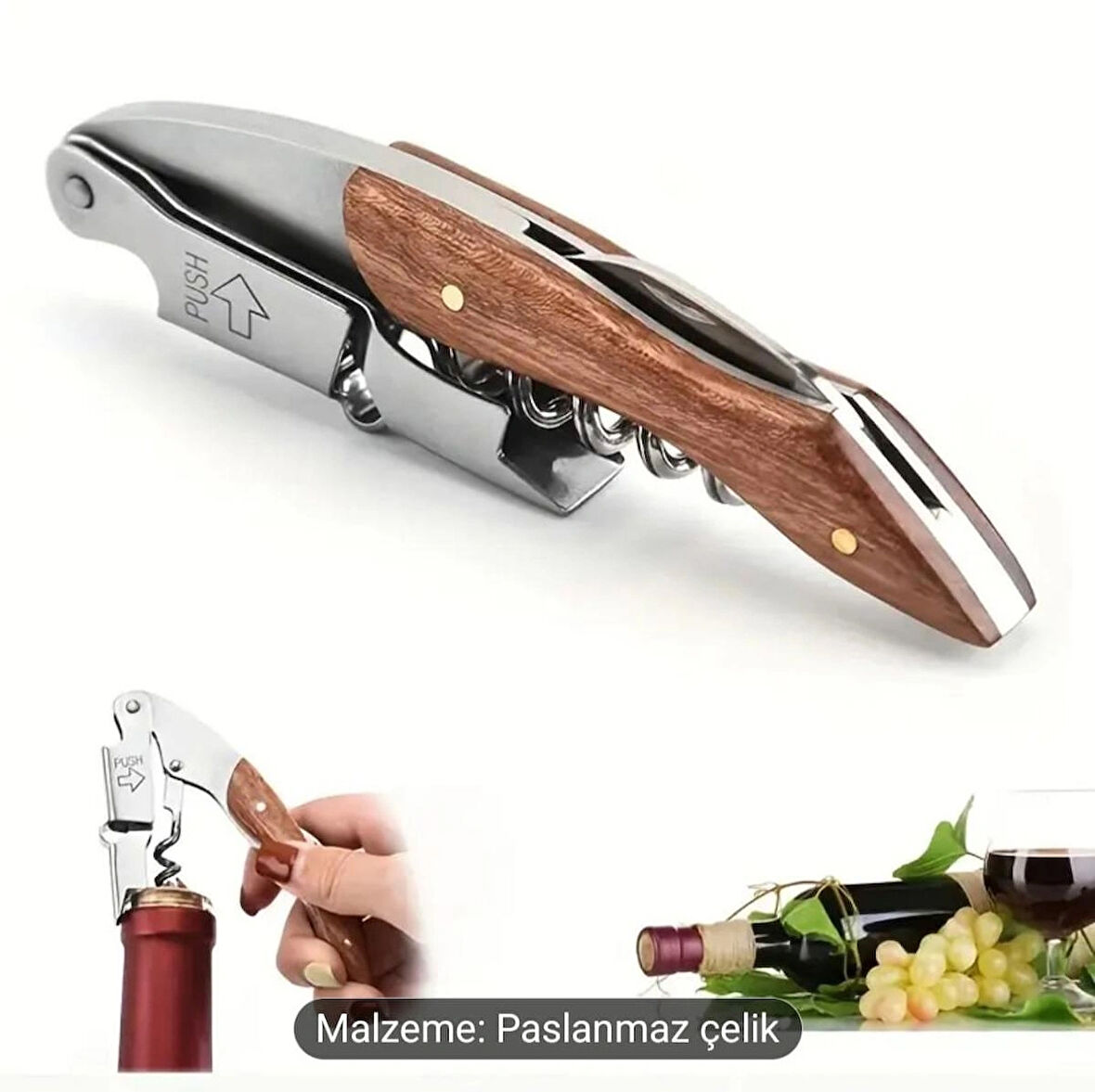 Tirbuşon Ahşap Saplı Paslanmaz Çelik