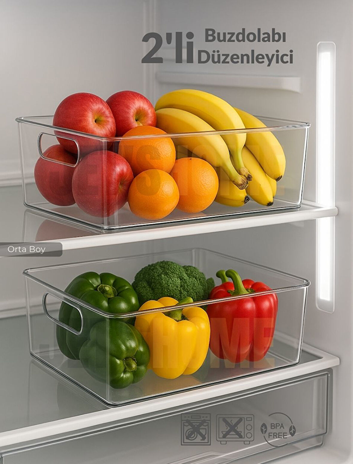 2'li Buzdolabı İçi Düzenleyici Saklama Organizeri Bpa Free Düzenleyici Darbeye Dayanaklı 28X19X9 cm
