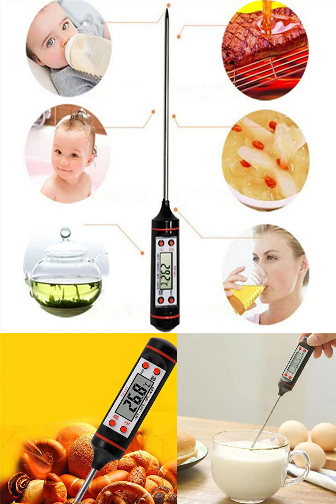 Gıda Termometresi Et Su Süt Sıcaklık Ölçer Yiyecek Sıvı Gıda Isı Ölçüm Termometresi