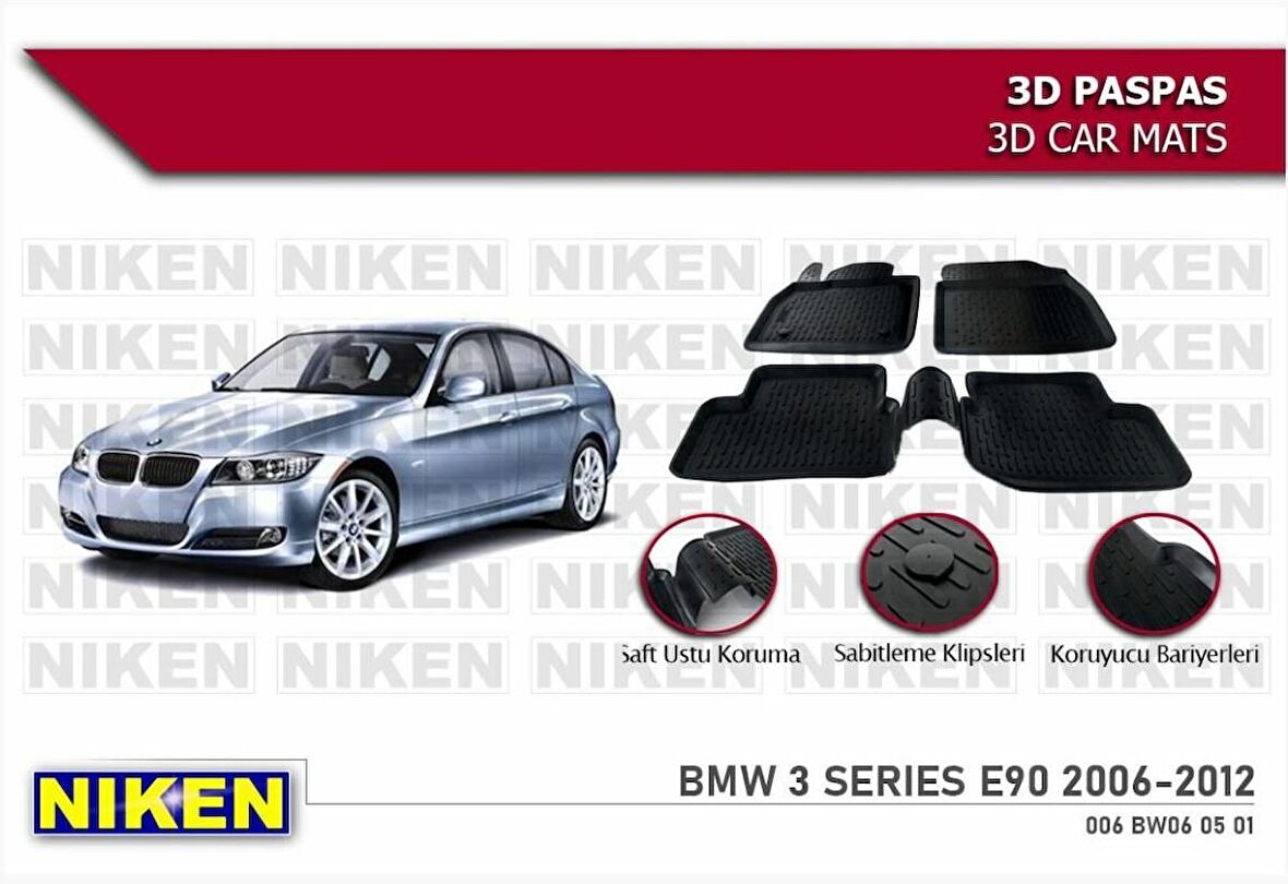 Bmw 3 Serisi E90 Havuzlu 3D Paspas Niken Siyah 2006-2012 Arası