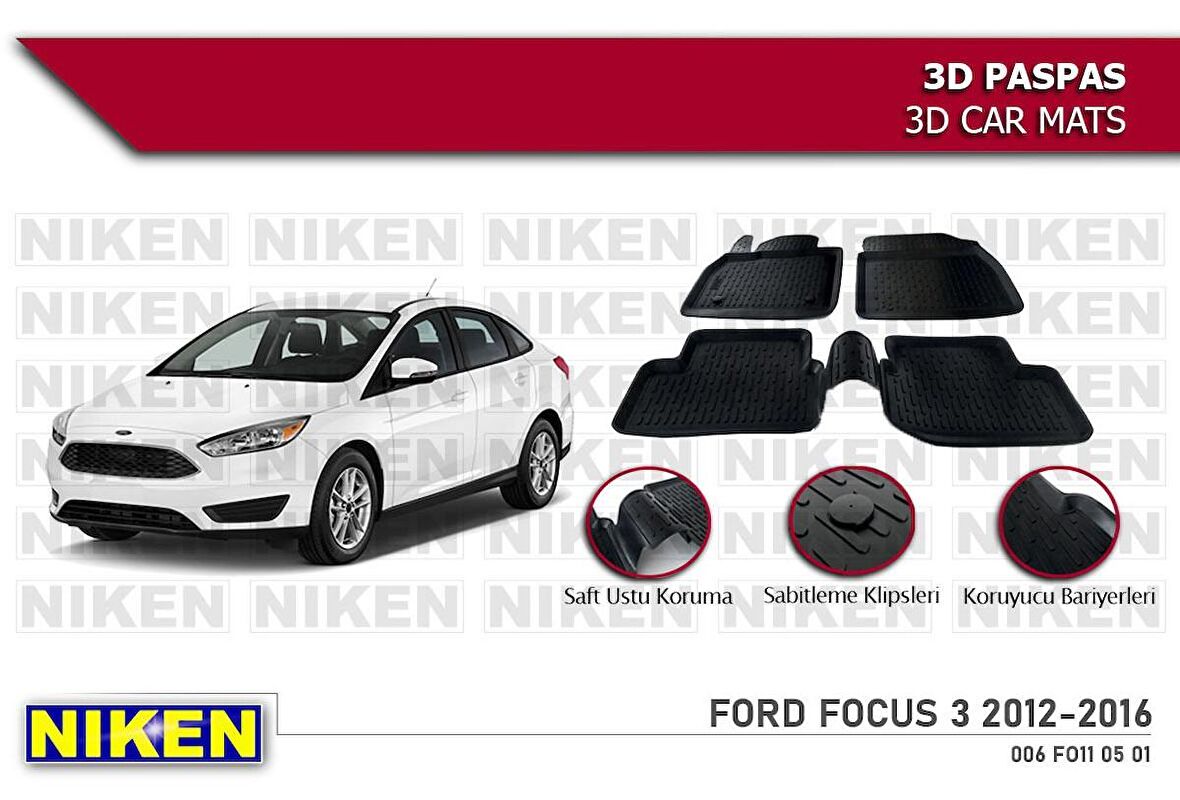 Ford Focus 3 Havuzlu 3D Paspas Niken Siyah 2012-2016 Arası