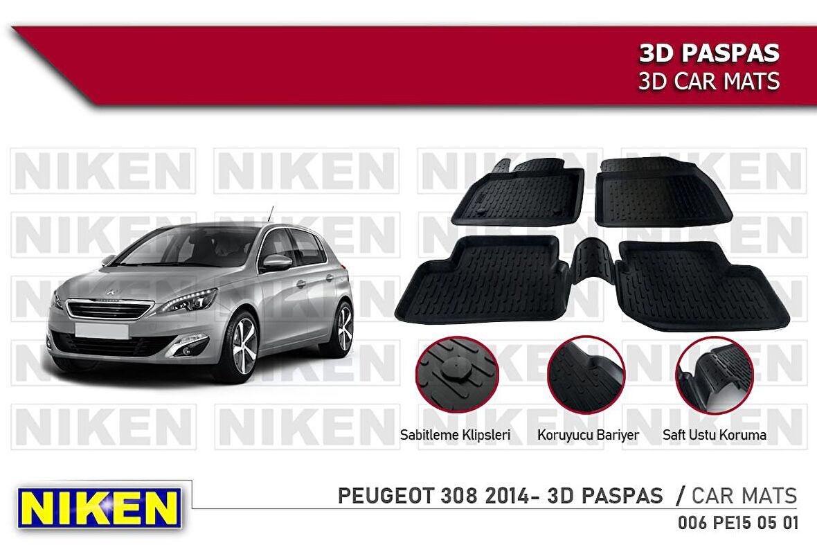 Peugeot 308 Havuzlu 3D Paspas Niken Siyah 2014+ Sonrası