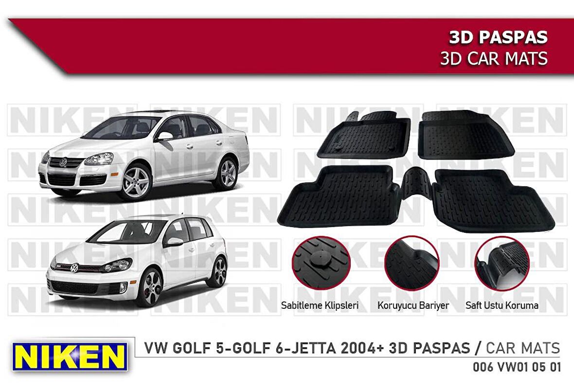 Volkswagen Golf 5 Havuzlu 3D Paspas Niken Siyah 2003+ Sonrası