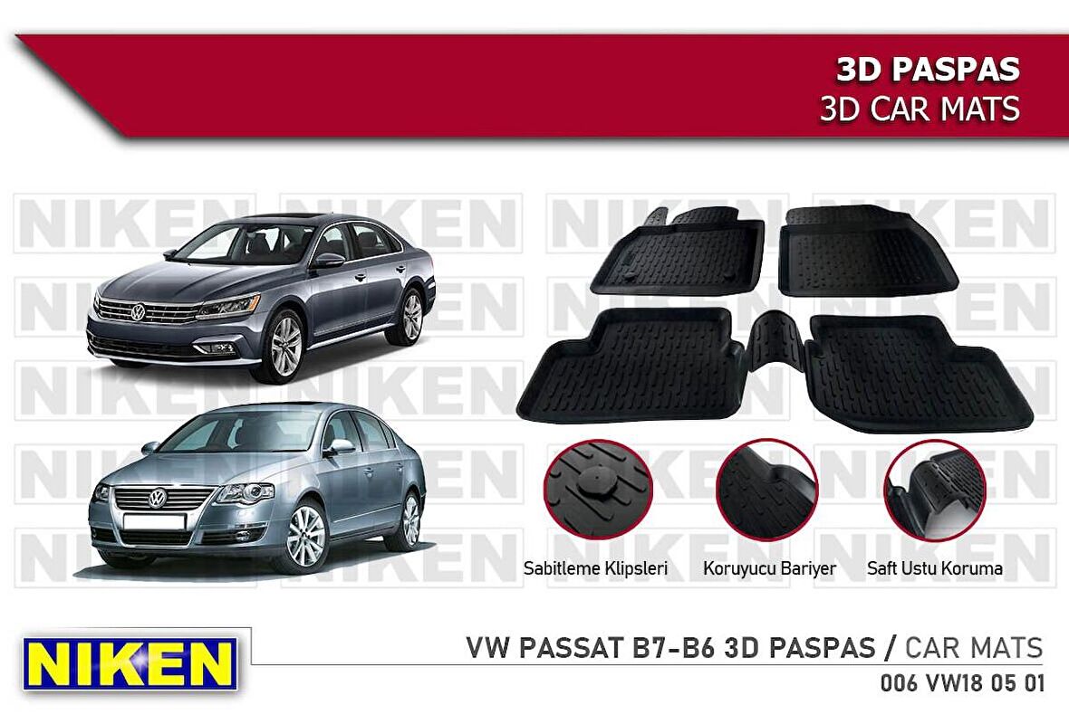 Volkswagen Passat B6 Havuzlu 3D Paspas Niken Siyah 2005+ Sonrası