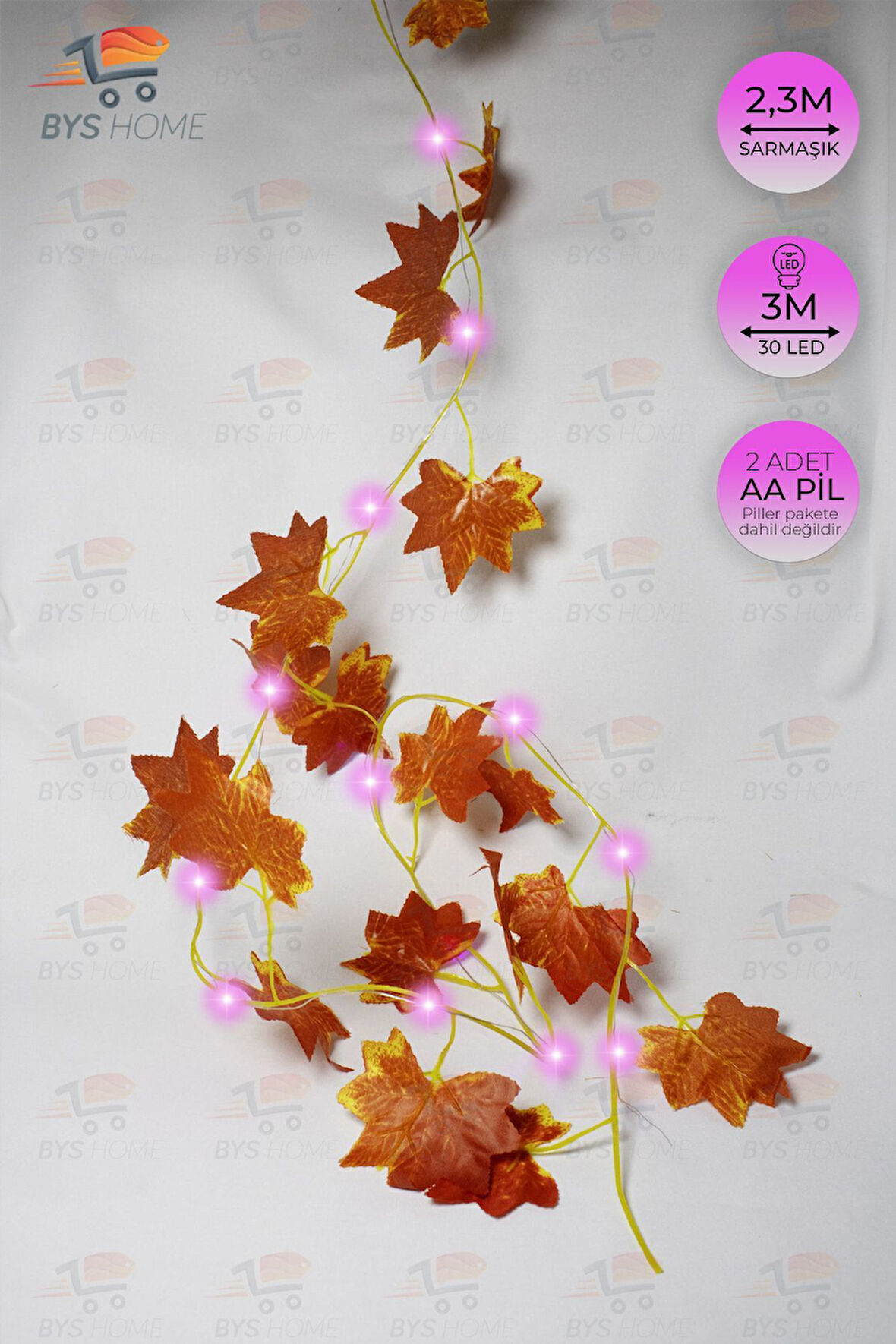 Dekoratif Sonbahar Yapraklı 230 Cm Yapay Sarmaşık Ve 300 Cm Peri Led Pembe Renk