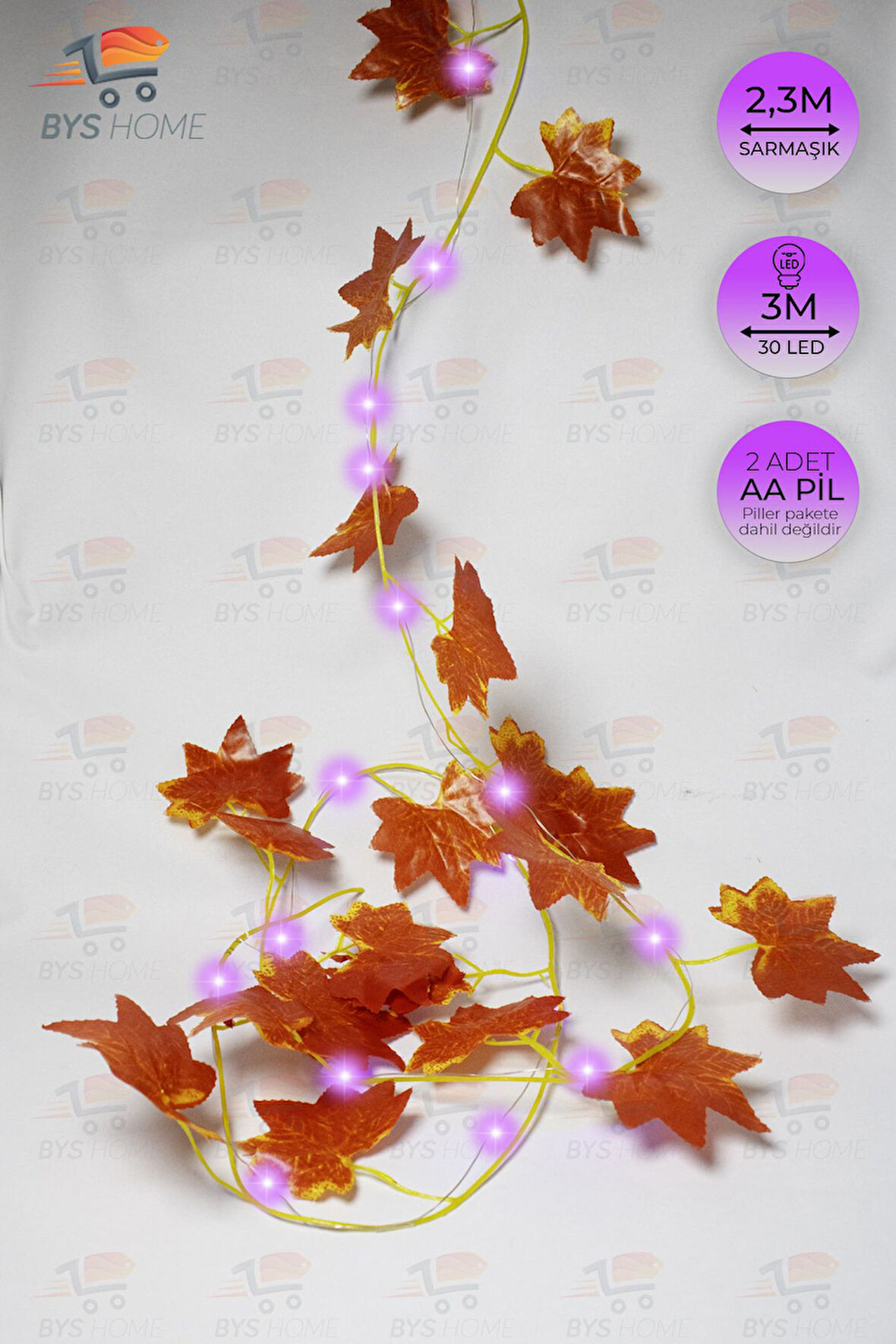 Dekoratif Sonbahar Yapraklı 230 Cm Yapay Sarmaşık Ve 300 Cm Peri Led Pembe Renk