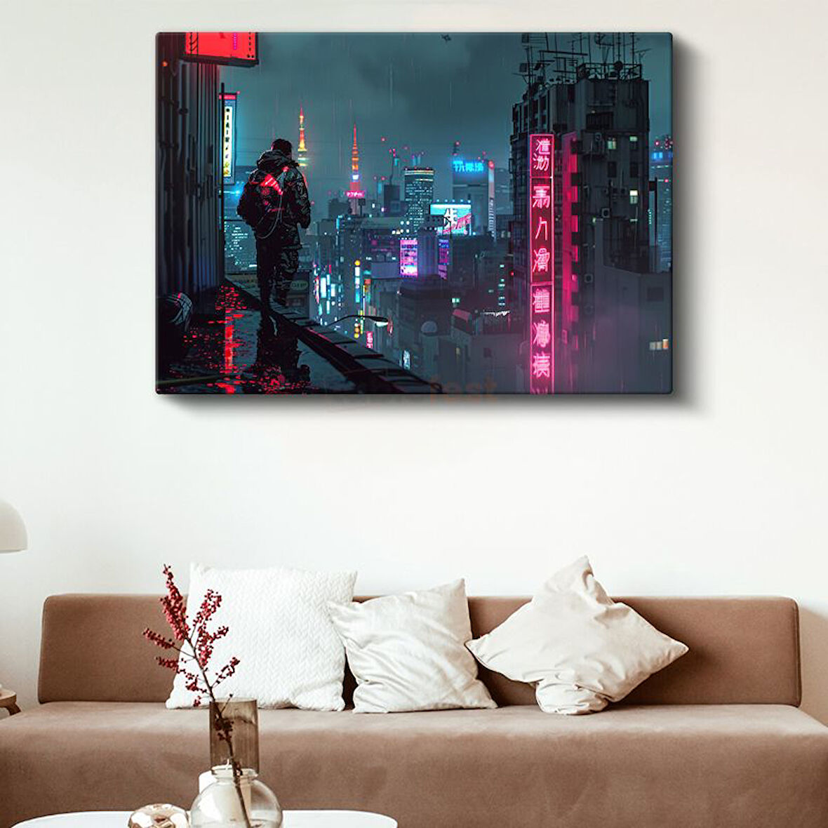 Neon Şehir - Yağmurlu Gece Anime Kanvas Tablo