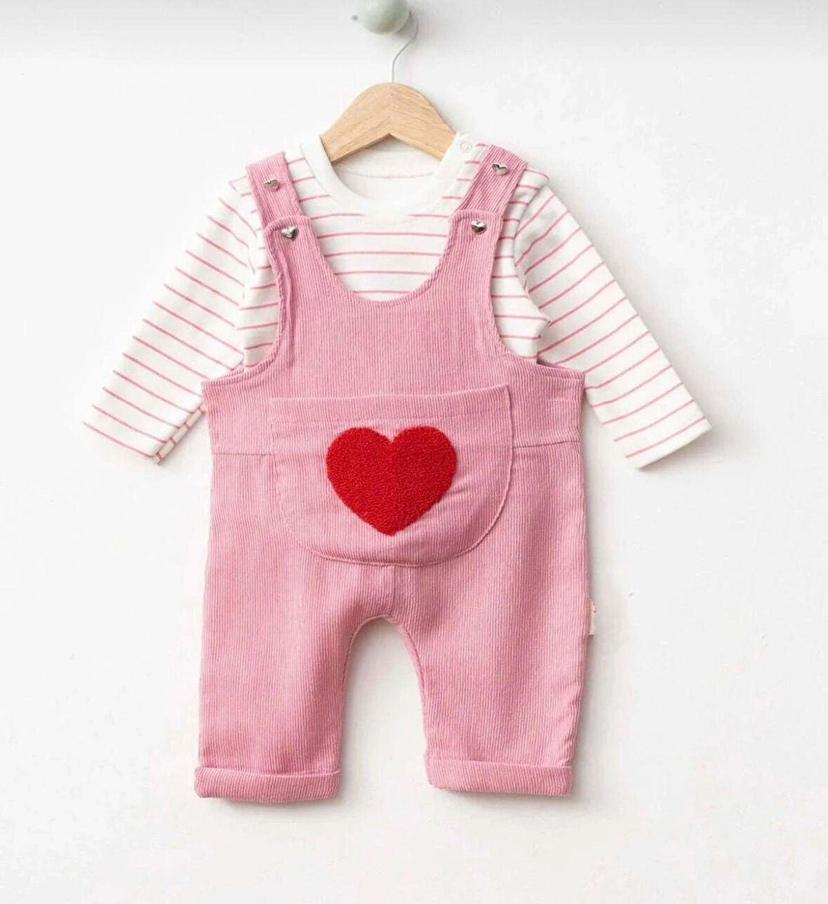 Kalp Punch İşlemeli Salopet Takım - Pembe